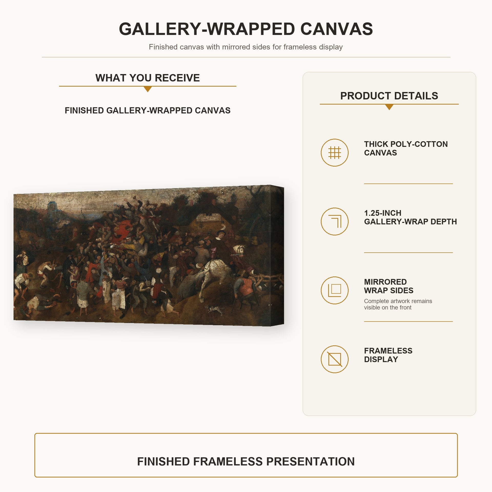 Pieter Bruegel the Elder - The Wine of Saint Martins Day gallery wrap canvas construction and hanging details infographic