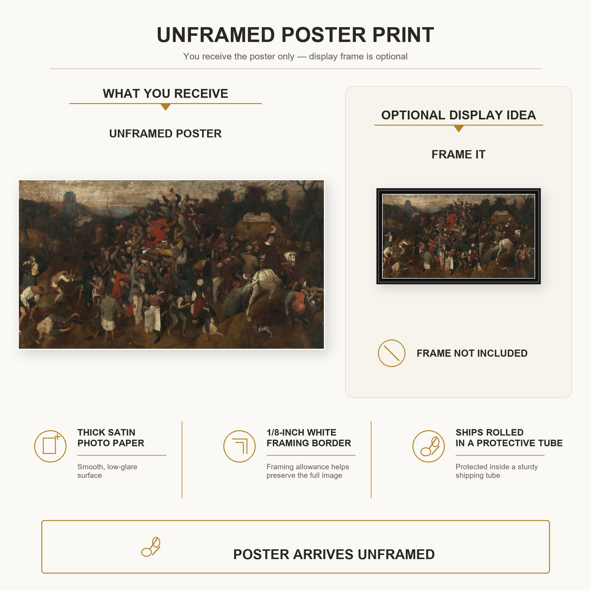 Pieter Bruegel the Elder - The Wine of Saint Martins Day poster print size comparison and framing display infographic