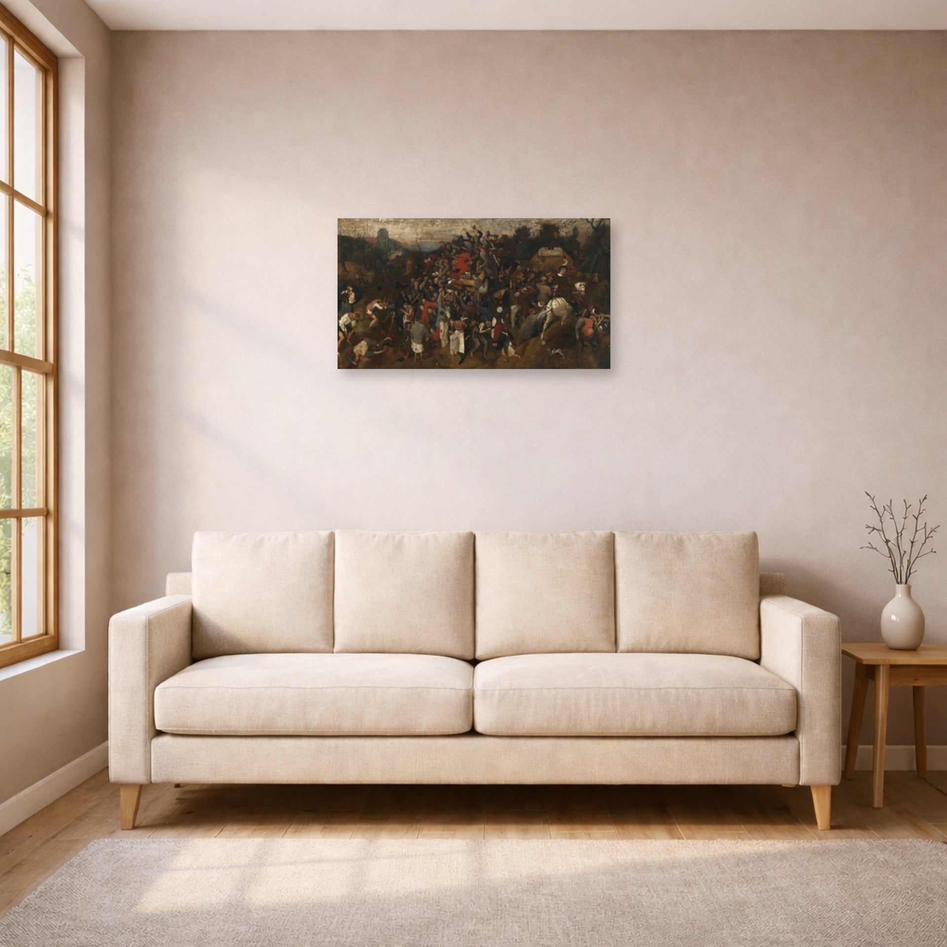 Unframed poster print of Pieter Bruegel the Elder's The Wine of Saint Martins Day displayed on a wall in a living room