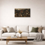 Unframed poster print of Pieter Bruegel the Elder's The Wine of Saint Martins Day displayed on a wall in a living room