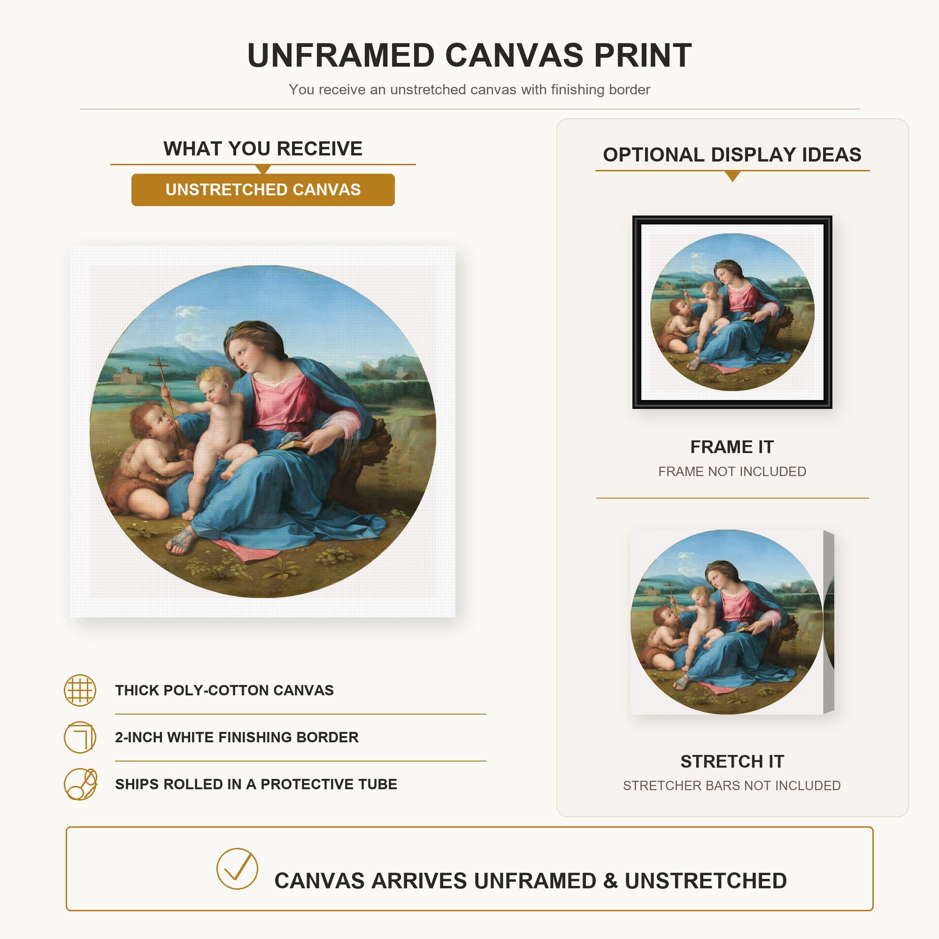 Raphael - Alba Madonna canvas print size comparison and framing display infographic