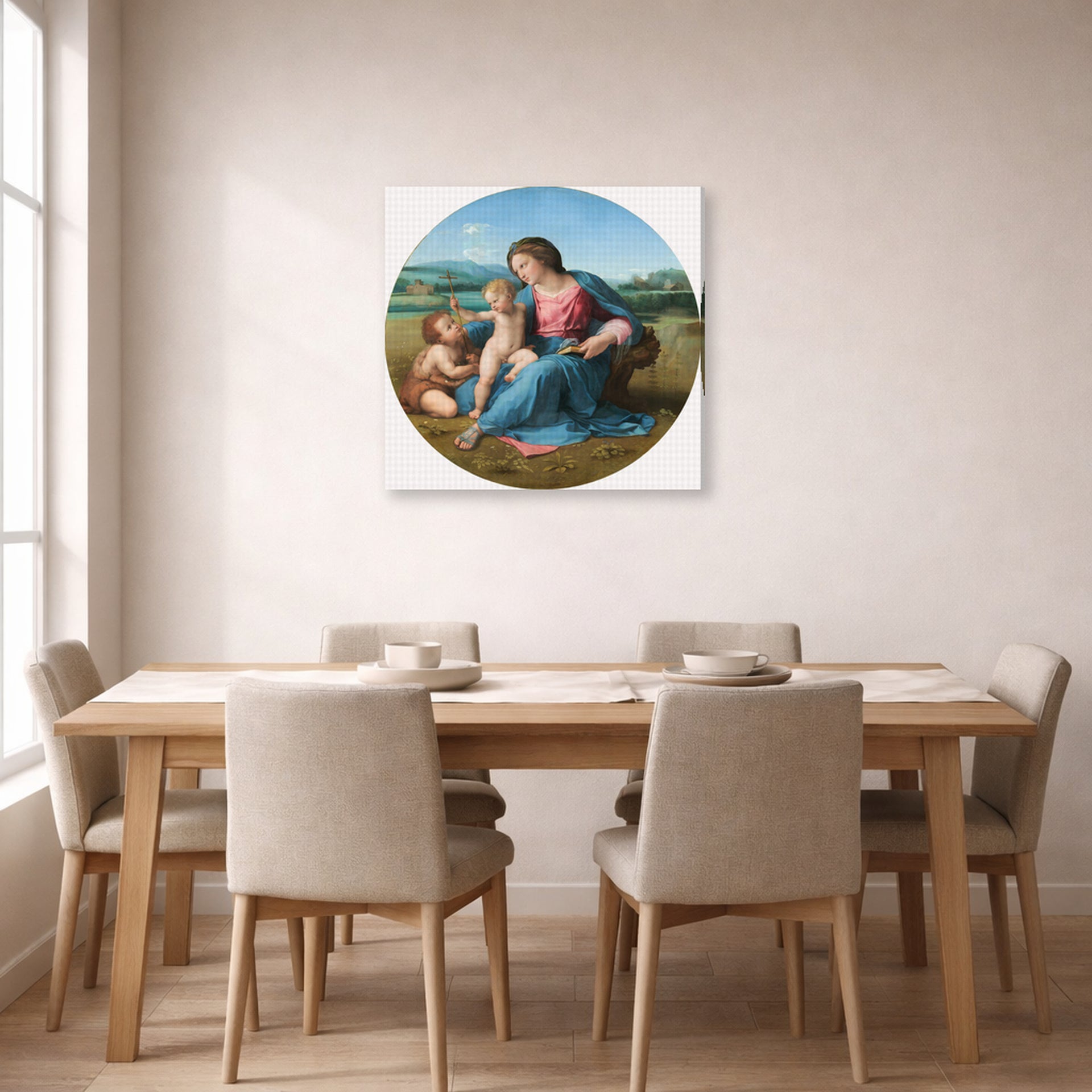 Gallery-wrapped canvas print of Raphael's Alba Madonna displayed on a wall in a dining