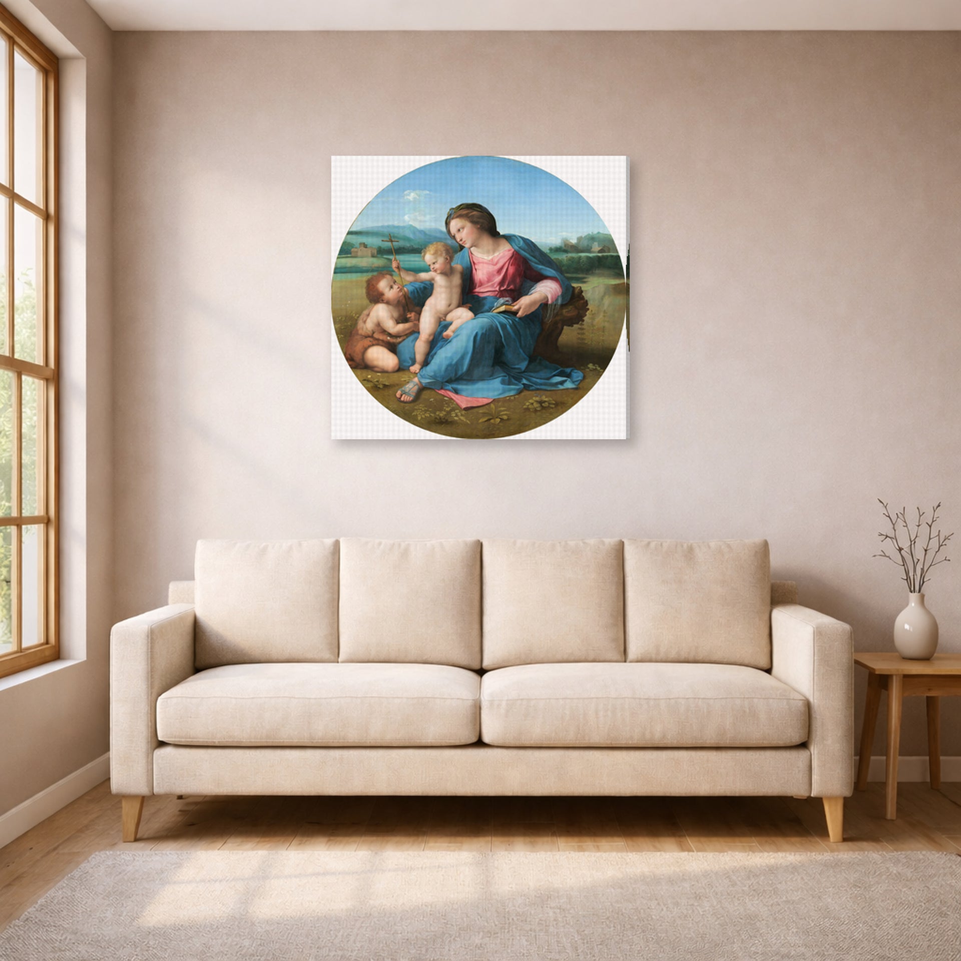 Gallery-wrapped canvas print of Raphael's Alba Madonna displayed on a wall in a living room