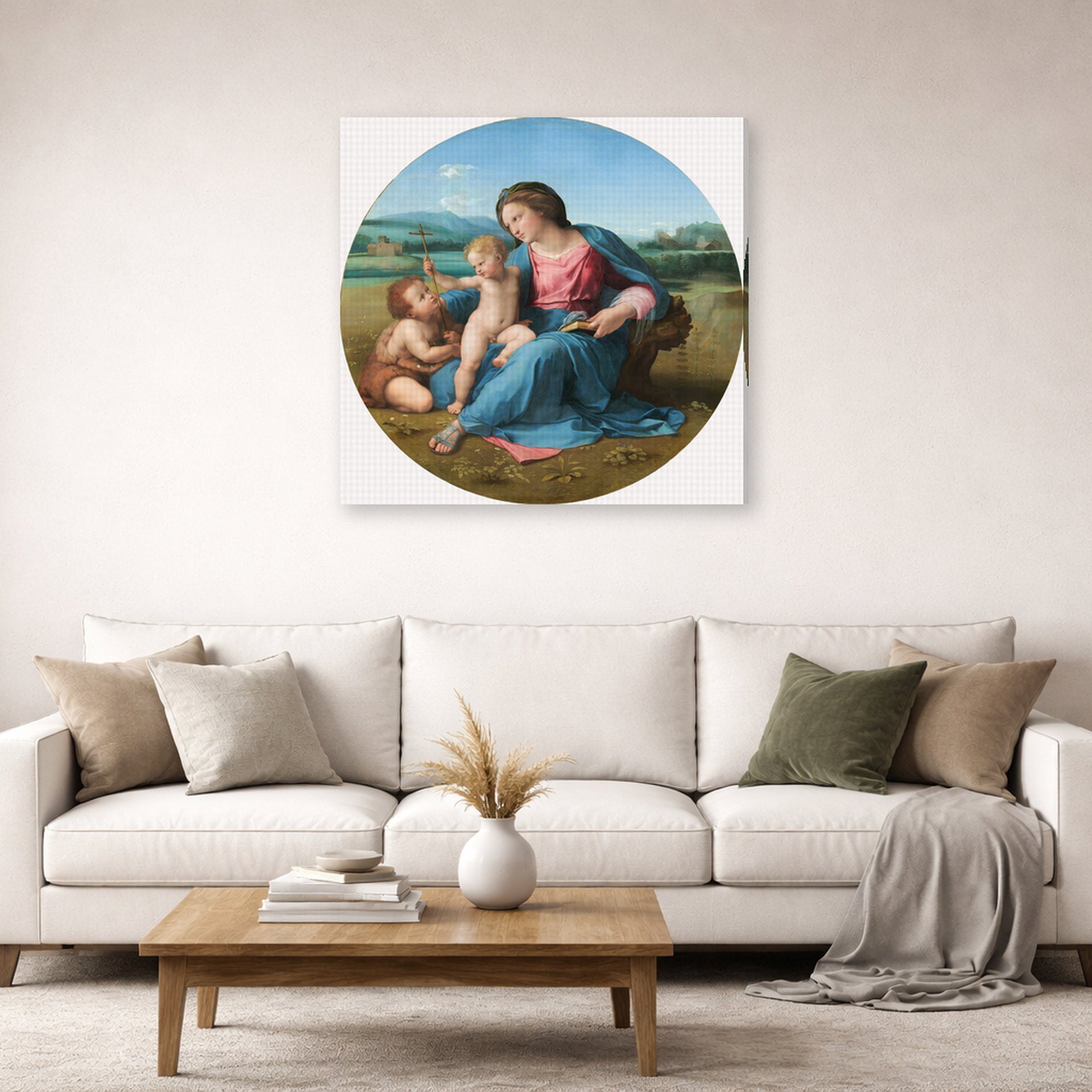 Gallery-wrapped canvas print of Raphael's Alba Madonna displayed on a wall in a living room