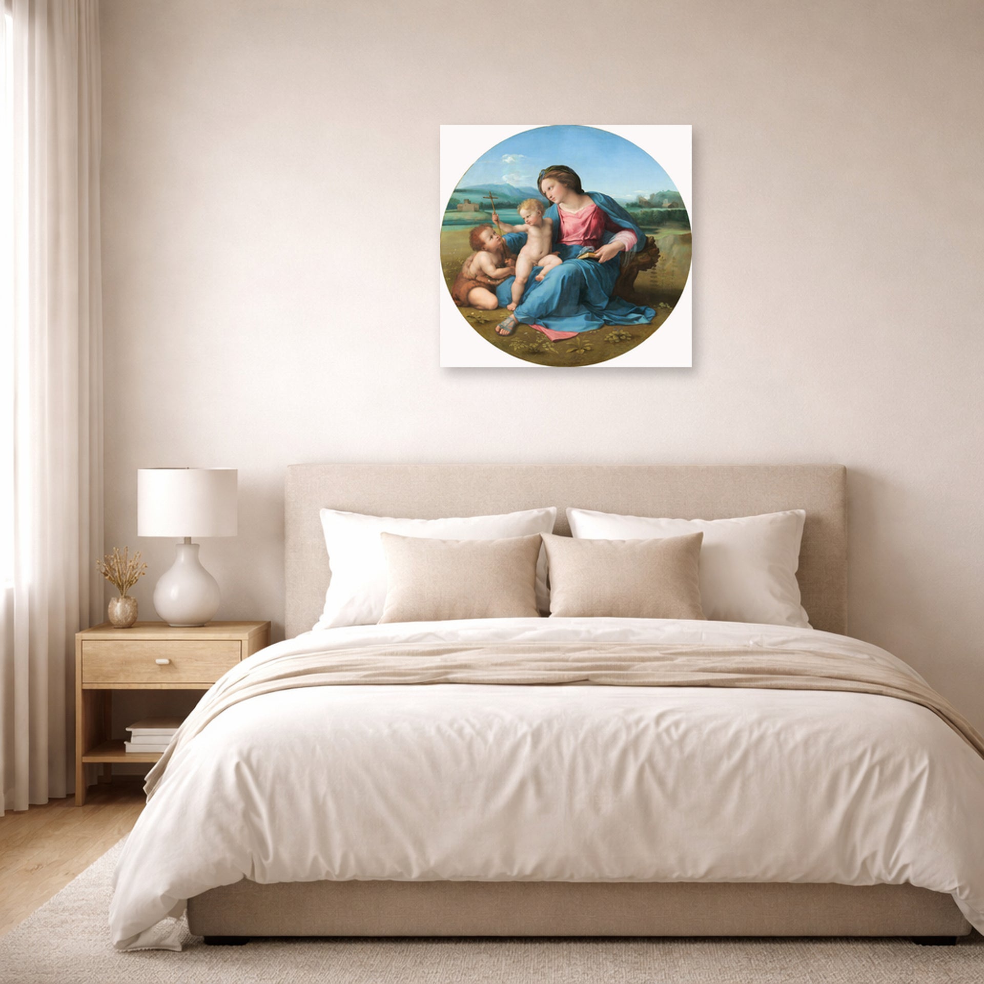 Unframed poster print of Raphael's Alba Madonna displayed on a wall in a bedroom