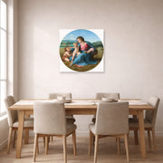 Unframed poster print of Raphael's Alba Madonna displayed on a wall in a dining