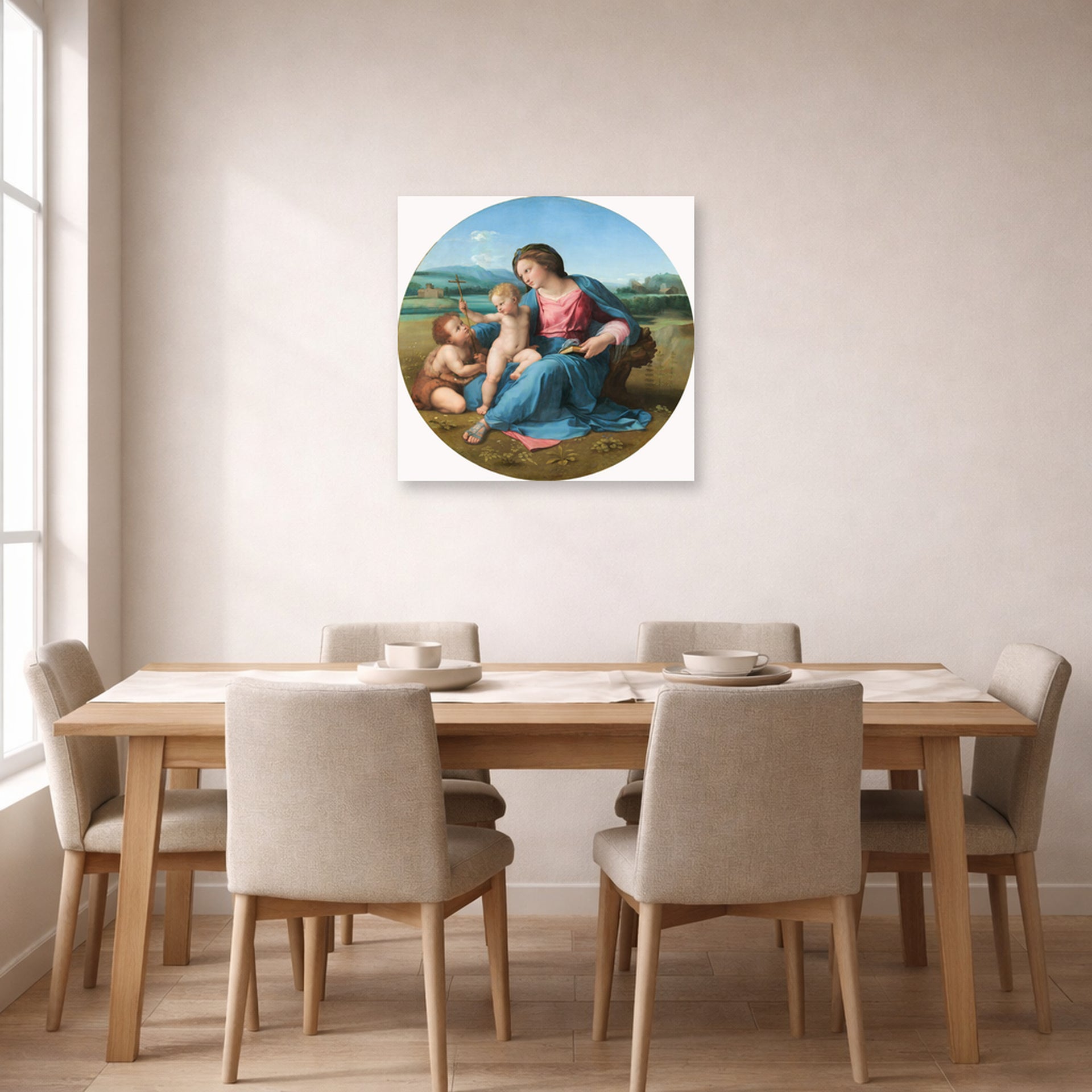 Unframed poster print of Raphael's Alba Madonna displayed on a wall in a dining