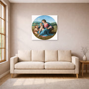 Unframed poster print of Raphael's Alba Madonna displayed on a wall in a living room