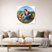 Unframed poster print of Raphael's Alba Madonna displayed on a wall in a living room