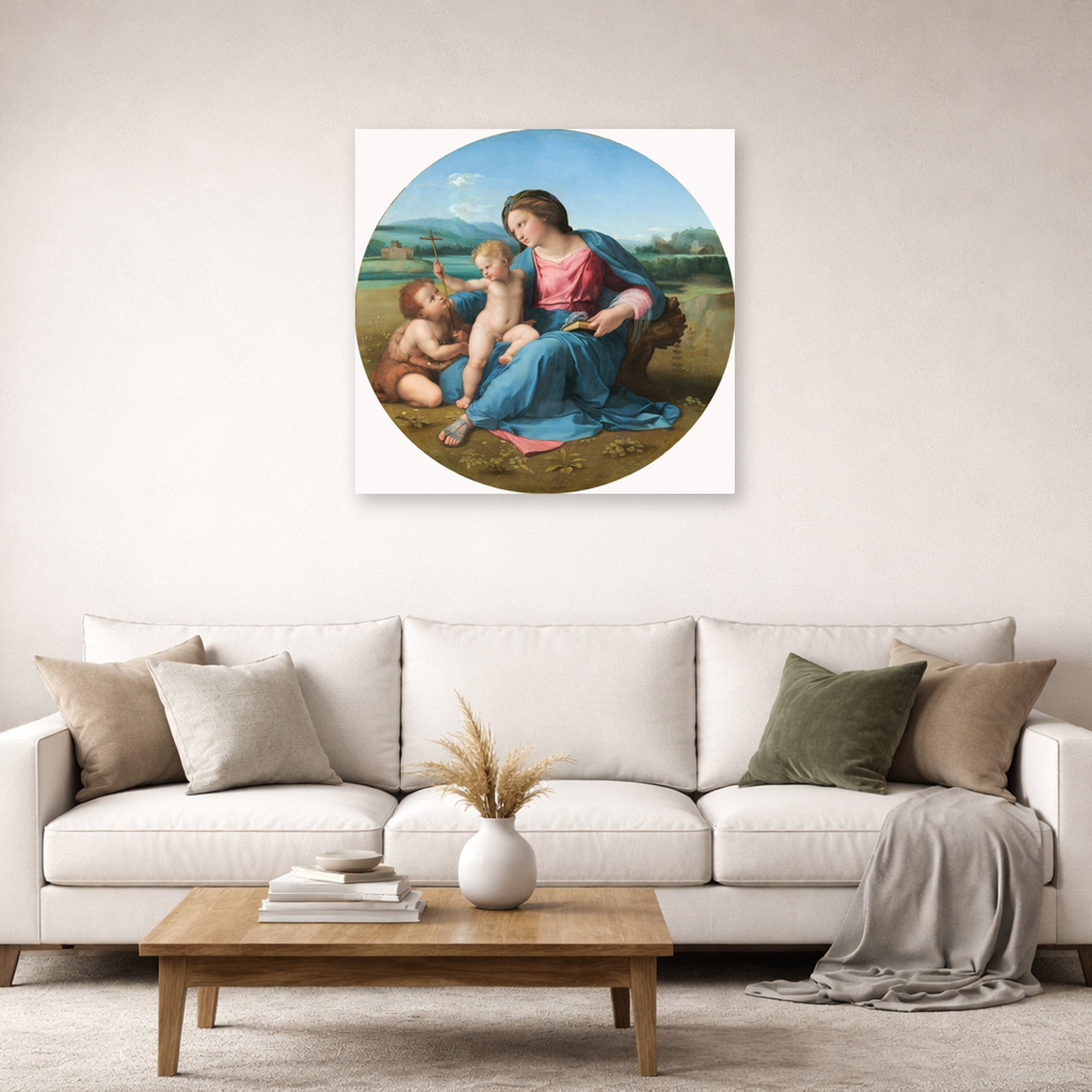 Unframed poster print of Raphael's Alba Madonna displayed on a wall in a living room