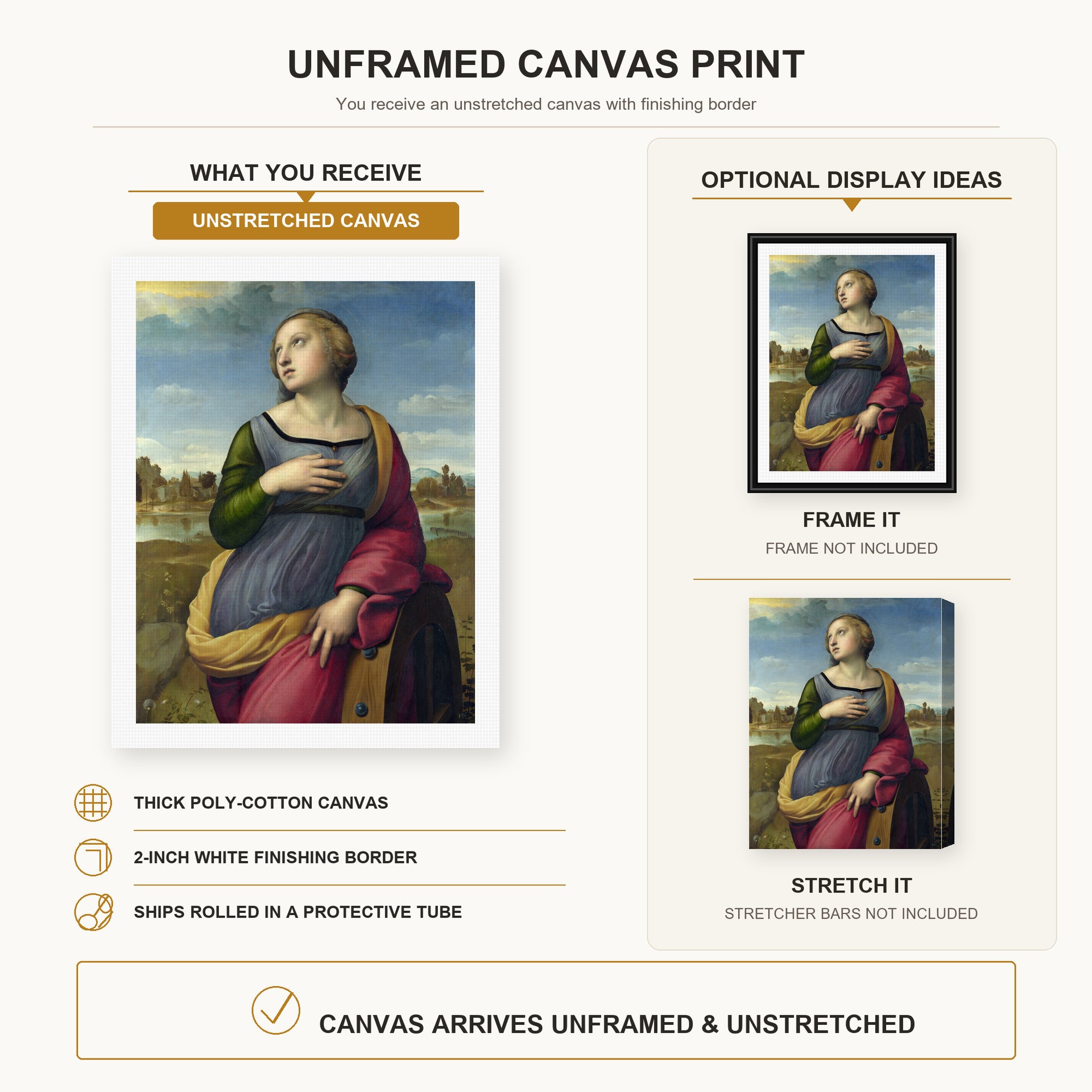 Raphael - Catherine canvas print size comparison and framing display infographic