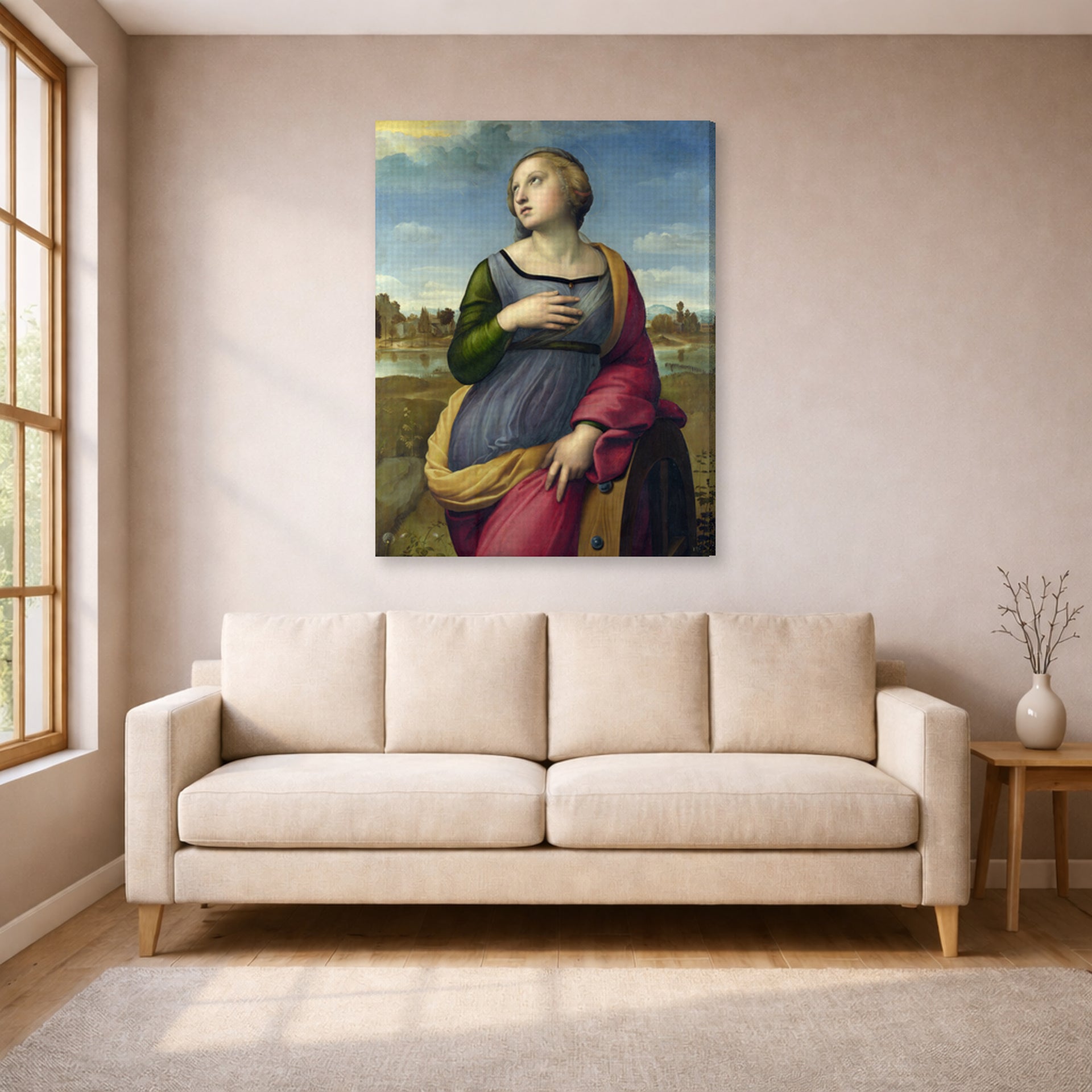 Gallery-wrapped canvas print of Raphael's Catherine displayed on a wall in a living room