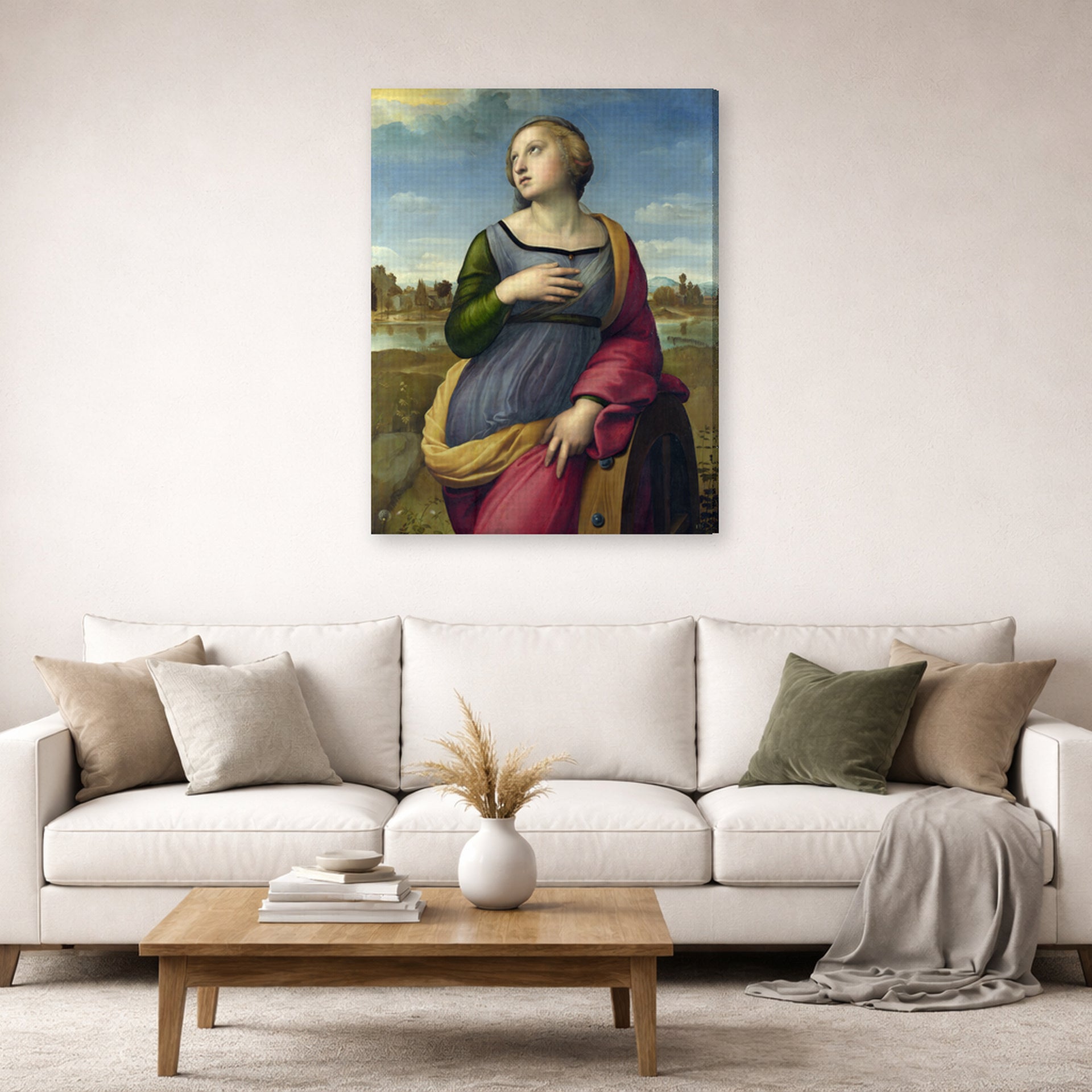 Gallery-wrapped canvas print of Raphael's Catherine displayed on a wall in a living room