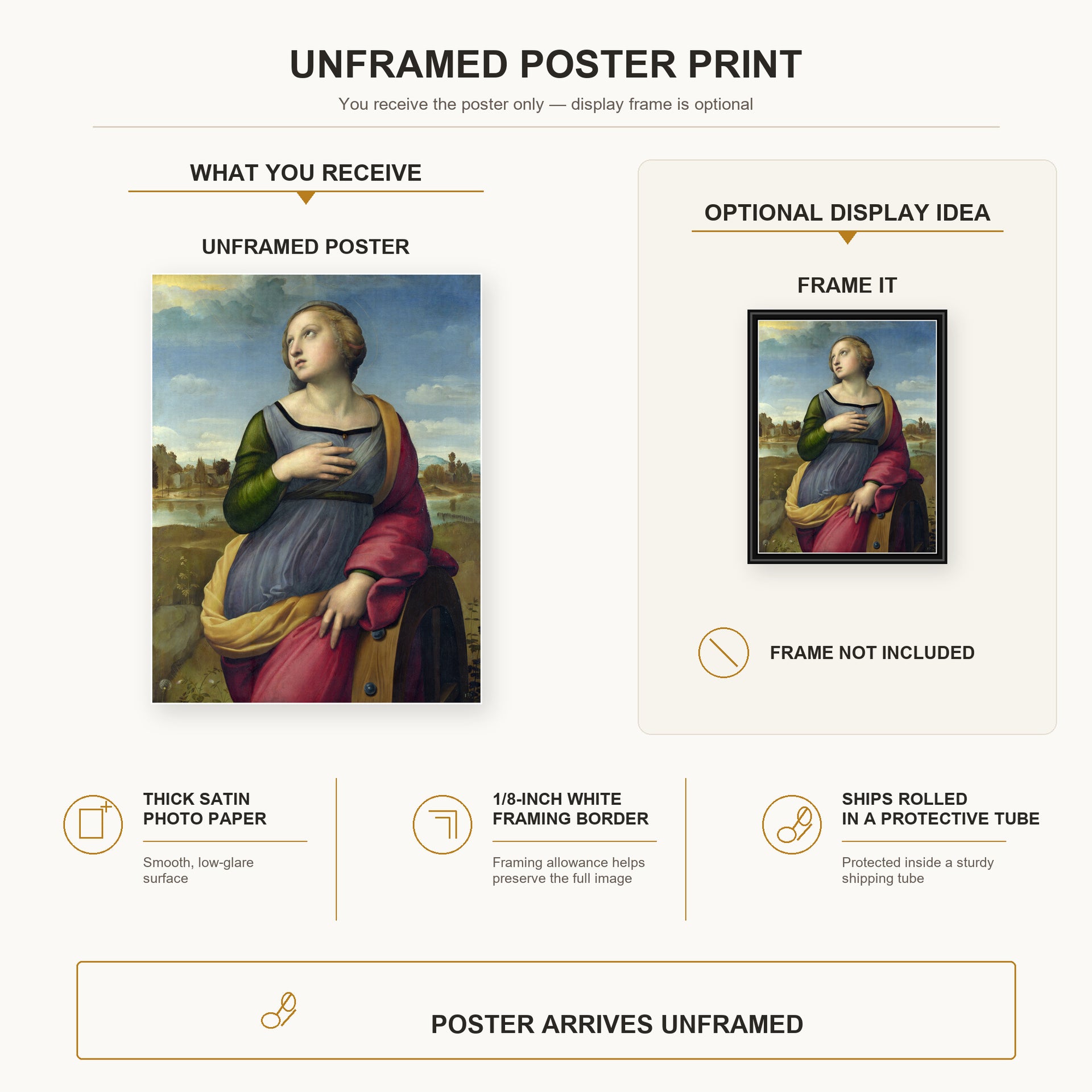 Raphael - Catherine poster print size comparison and framing display infographic