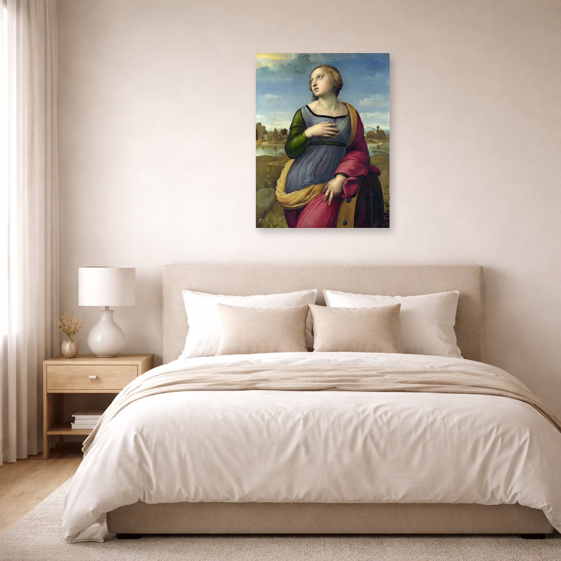 Unframed poster print of Raphael's Catherine displayed on a wall in a bedroom