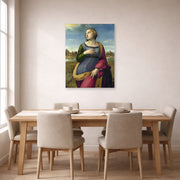 Unframed poster print of Raphael's Catherine displayed on a wall in a dining