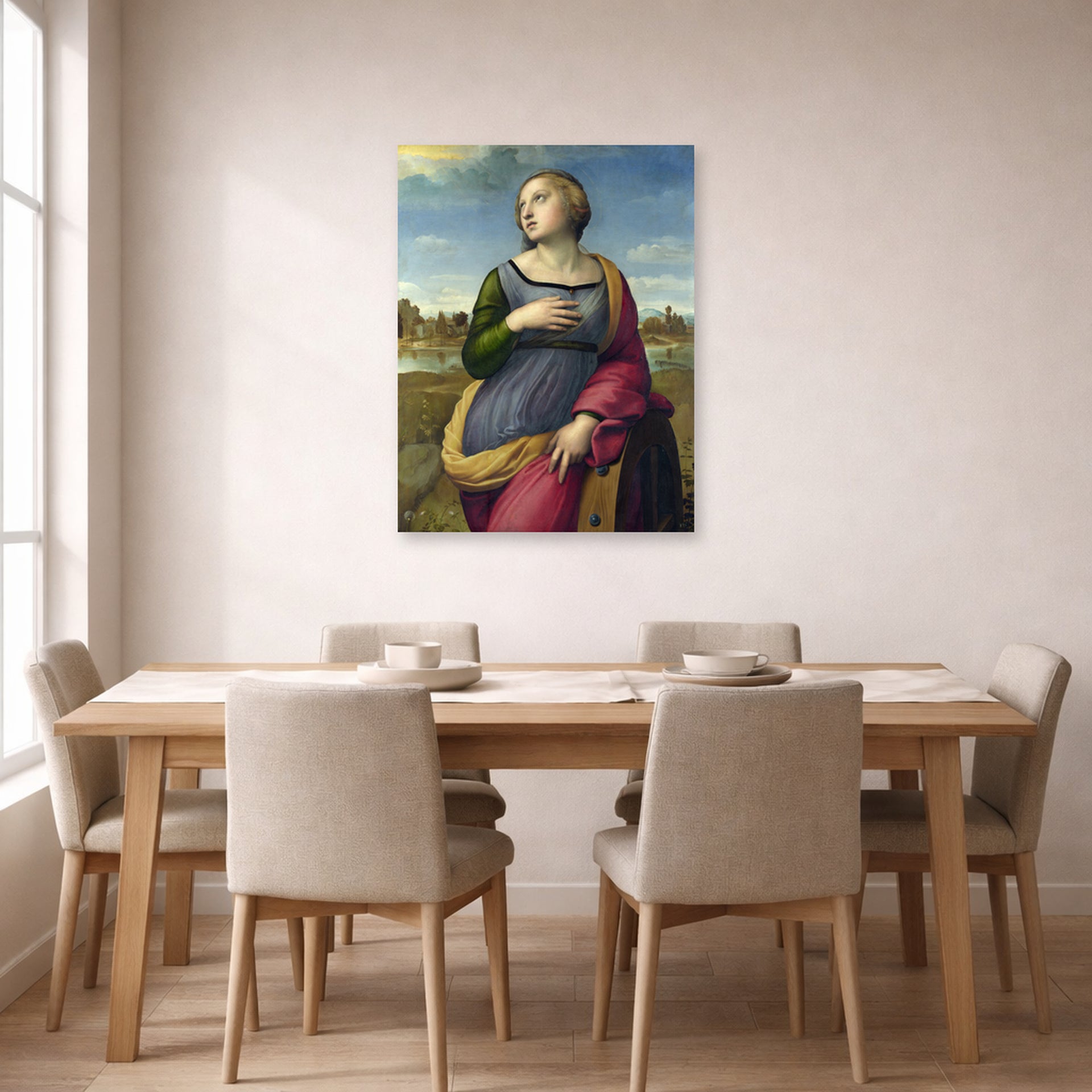 Unframed poster print of Raphael's Catherine displayed on a wall in a dining