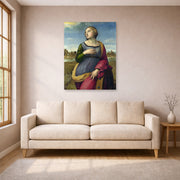Unframed poster print of Raphael's Catherine displayed on a wall in a living room