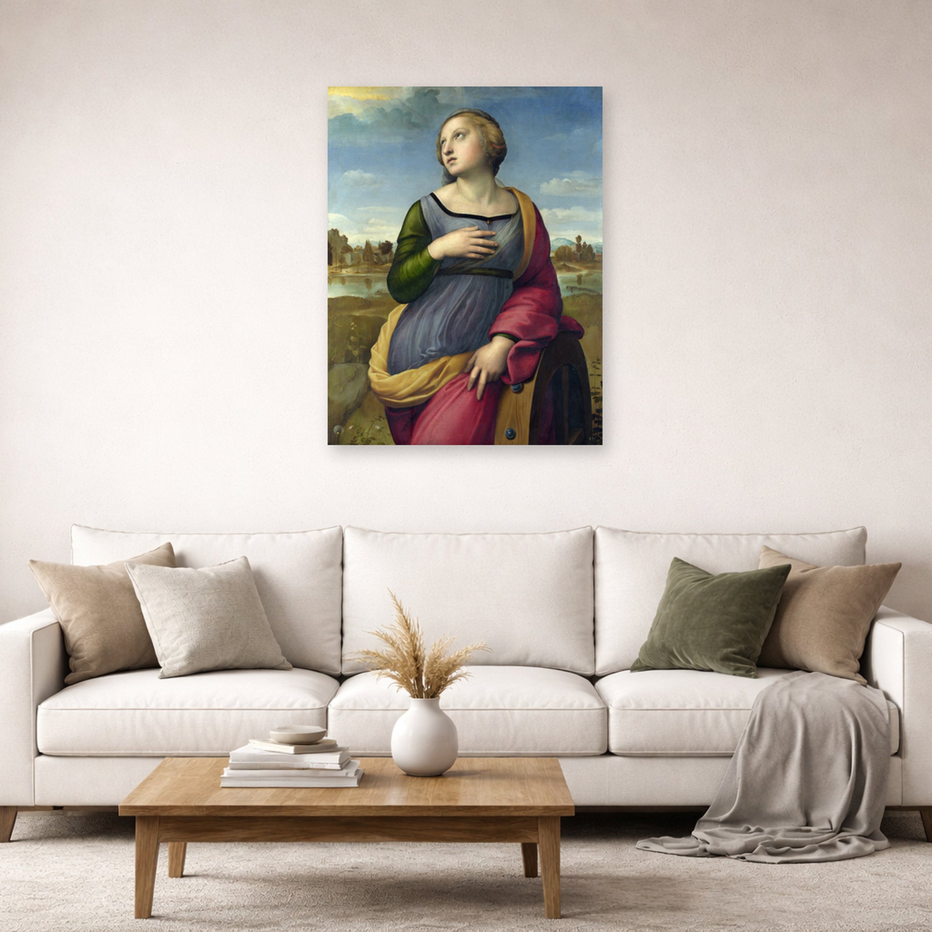 Unframed poster print of Raphael's Catherine displayed on a wall in a living room