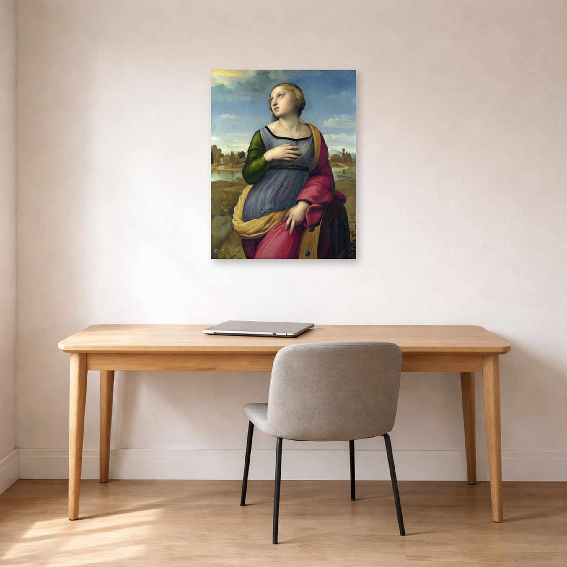 Unframed poster print of Raphael's Catherine displayed on a wall in a office