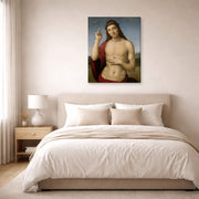 Gallery-wrapped canvas print of Raphael's Christ Blessing displayed on a wall in a bedroom