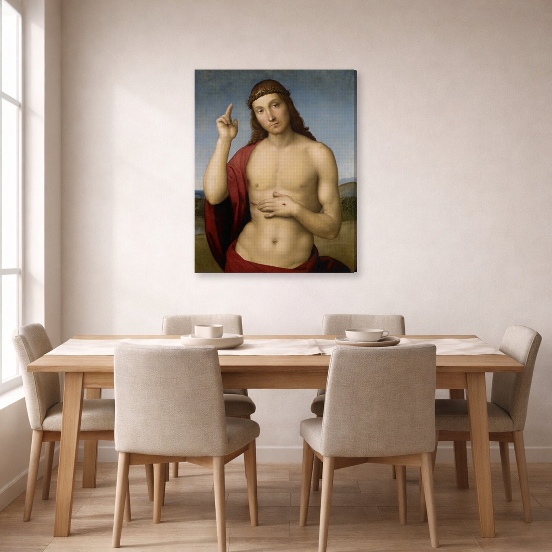Gallery-wrapped canvas print of Raphael's Christ Blessing displayed on a wall in a dining