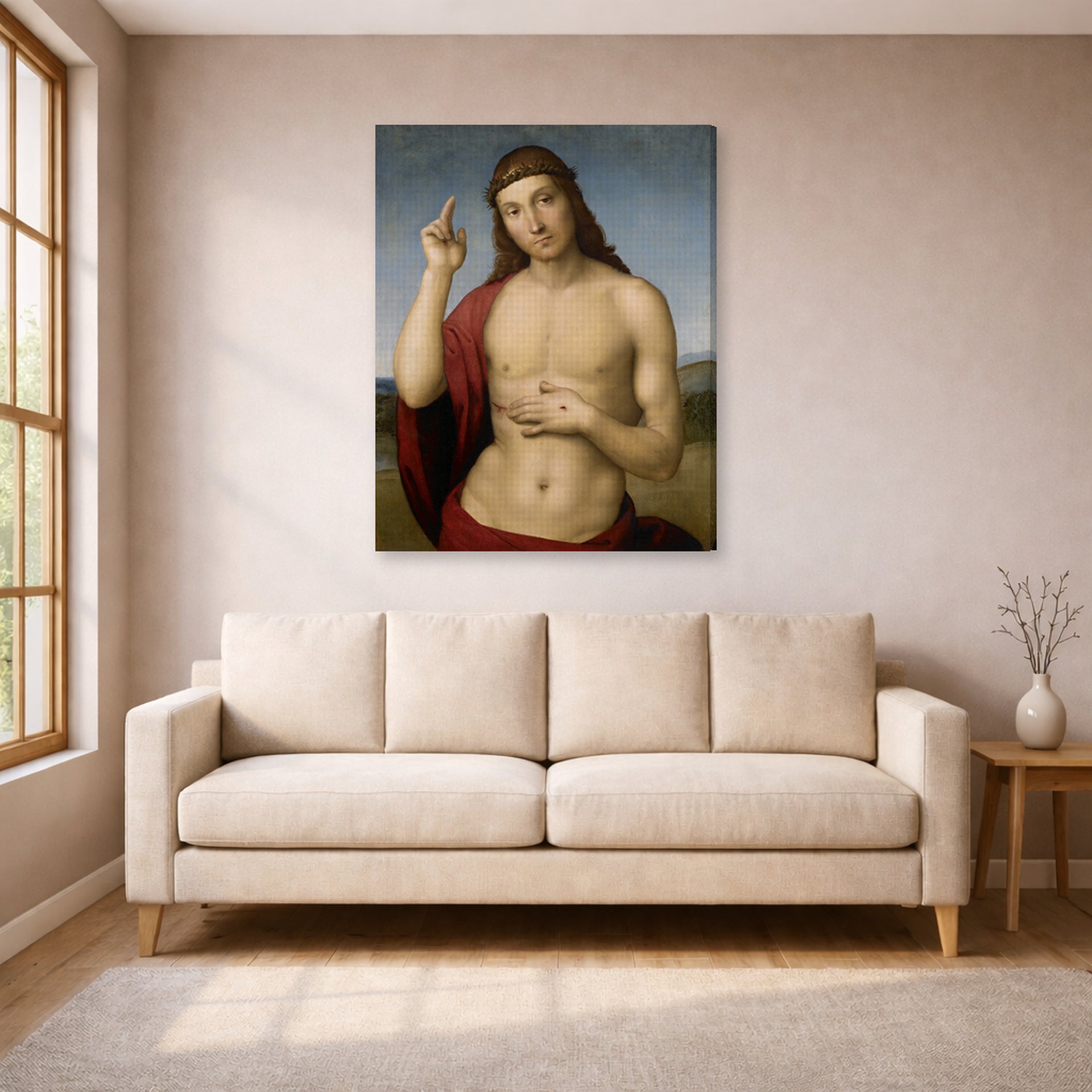 Gallery-wrapped canvas print of Raphael's Christ Blessing displayed on a wall in a living room
