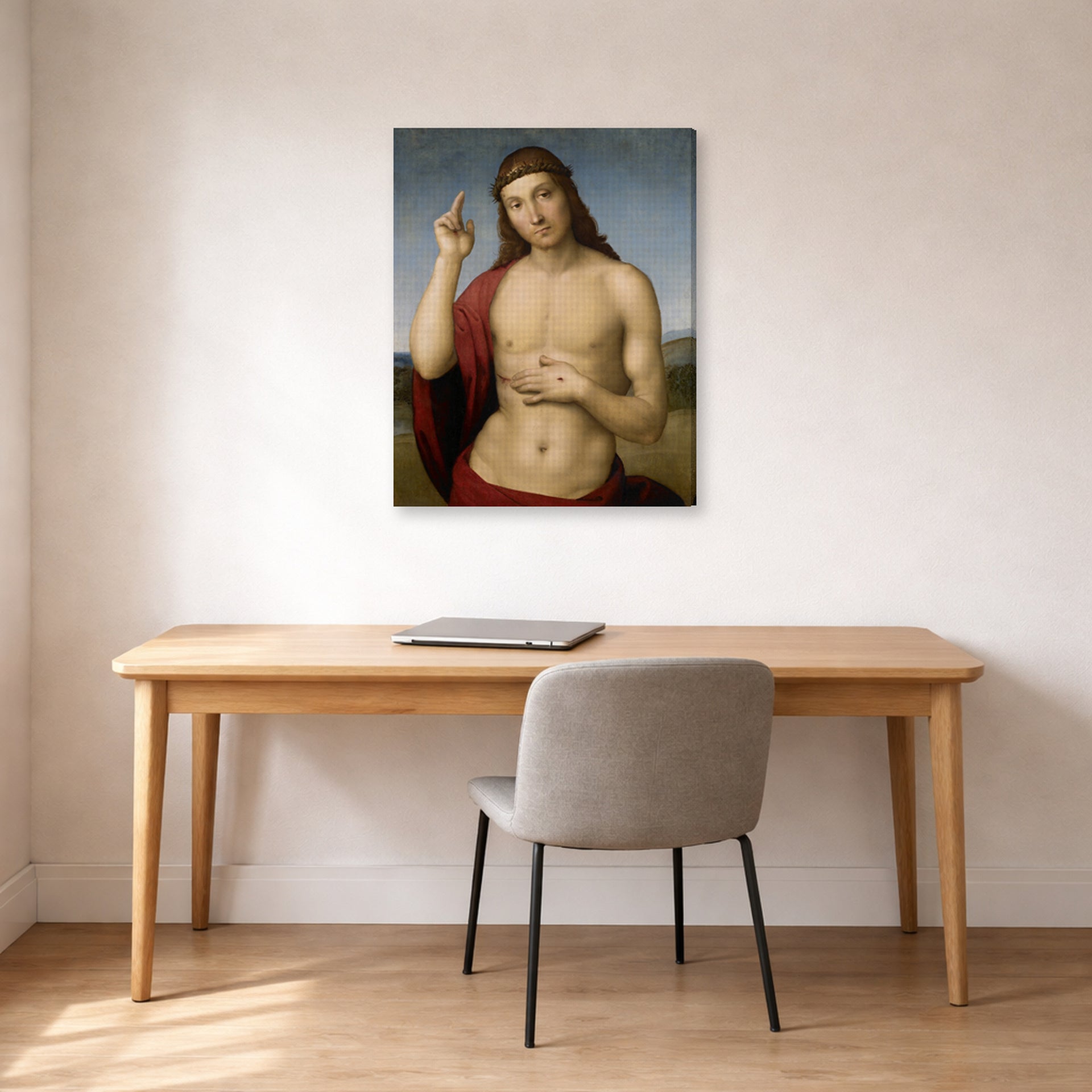 Gallery-wrapped canvas print of Raphael's Christ Blessing displayed on a wall in a office