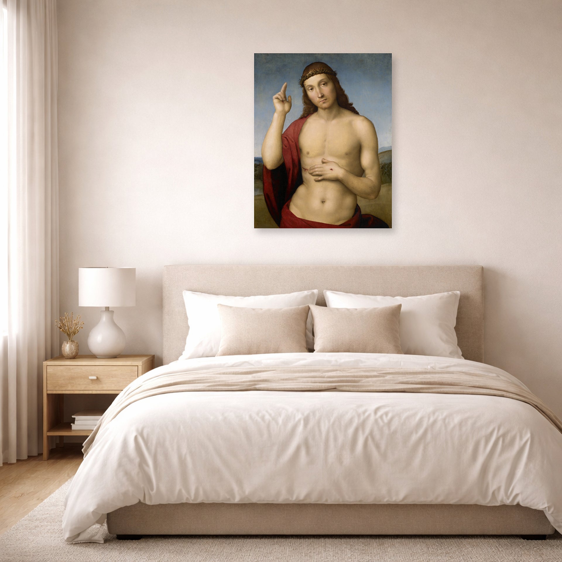 Unframed poster print of Raphael's Christ Blessing displayed on a wall in a bedroom