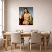 Unframed poster print of Raphael's Christ Blessing displayed on a wall in a dining
