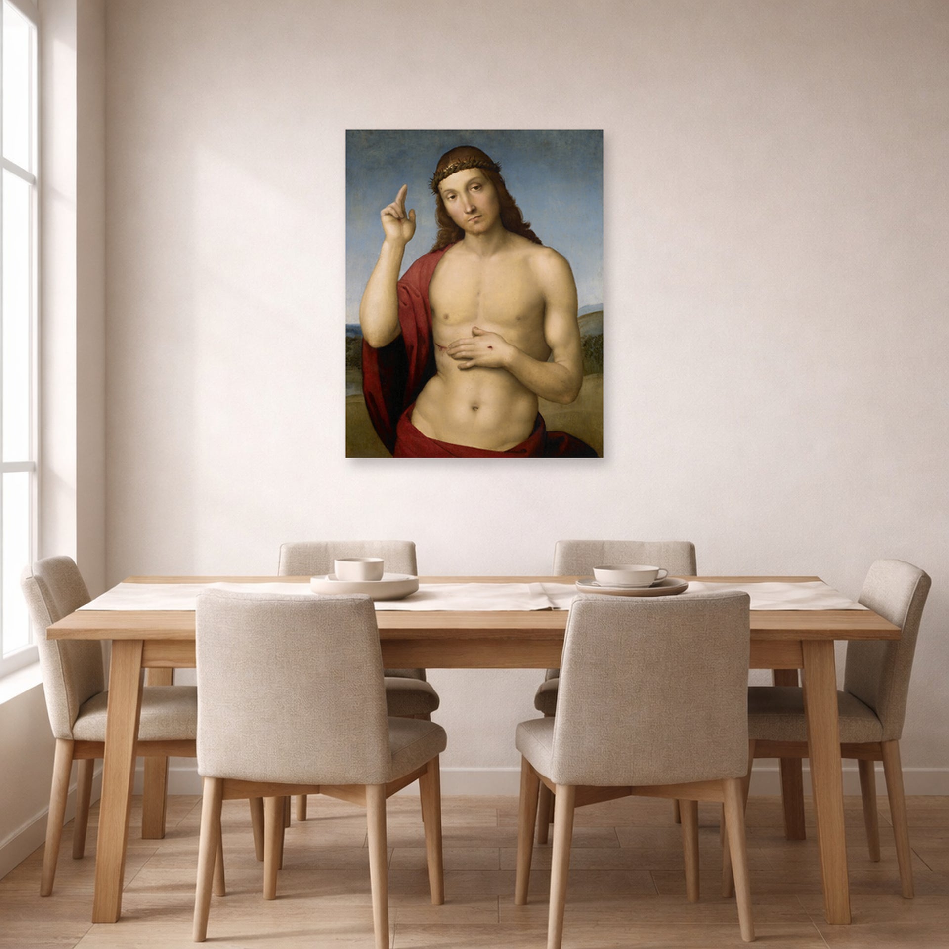 Unframed poster print of Raphael's Christ Blessing displayed on a wall in a dining