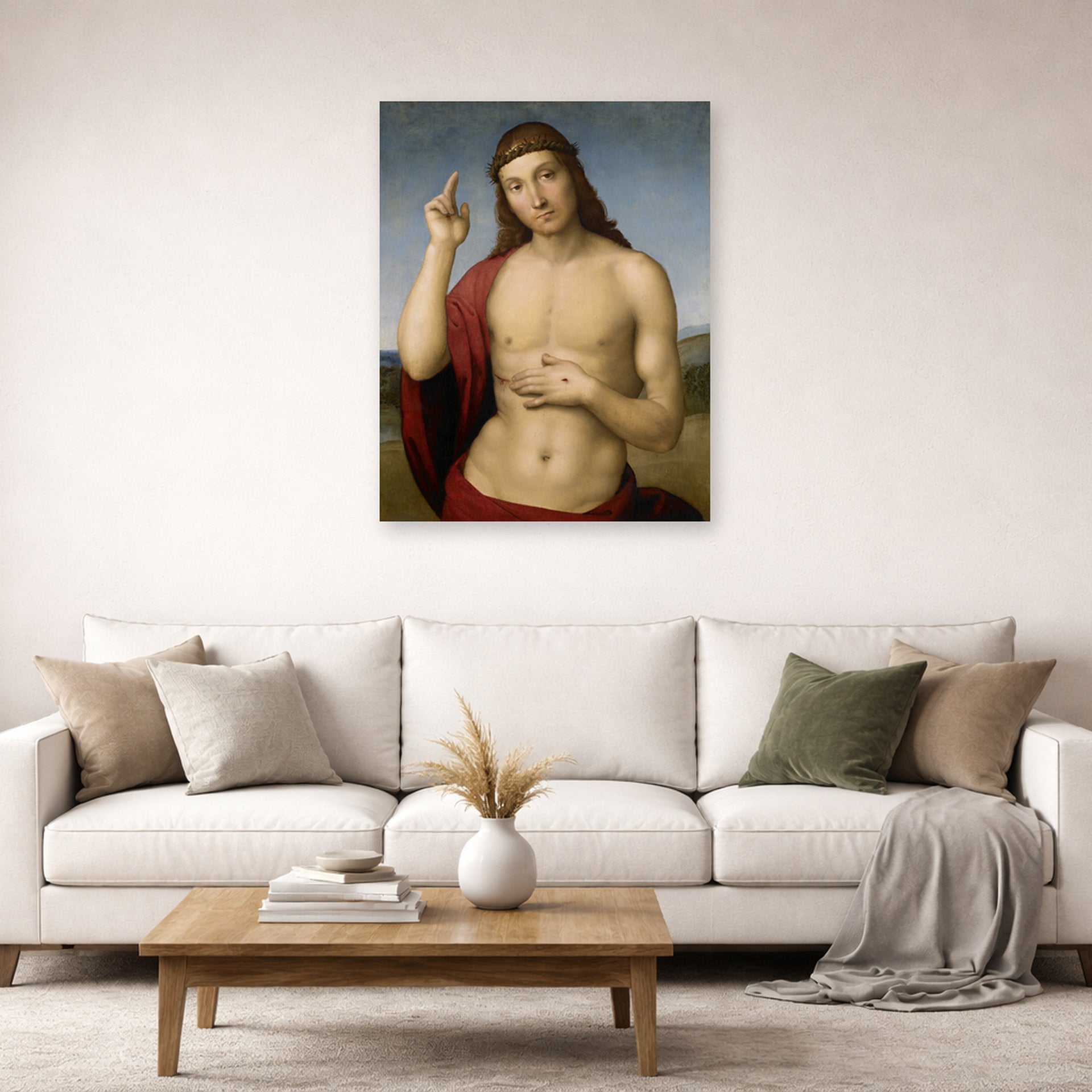 Unframed poster print of Raphael's Christ Blessing displayed on a wall in a living room