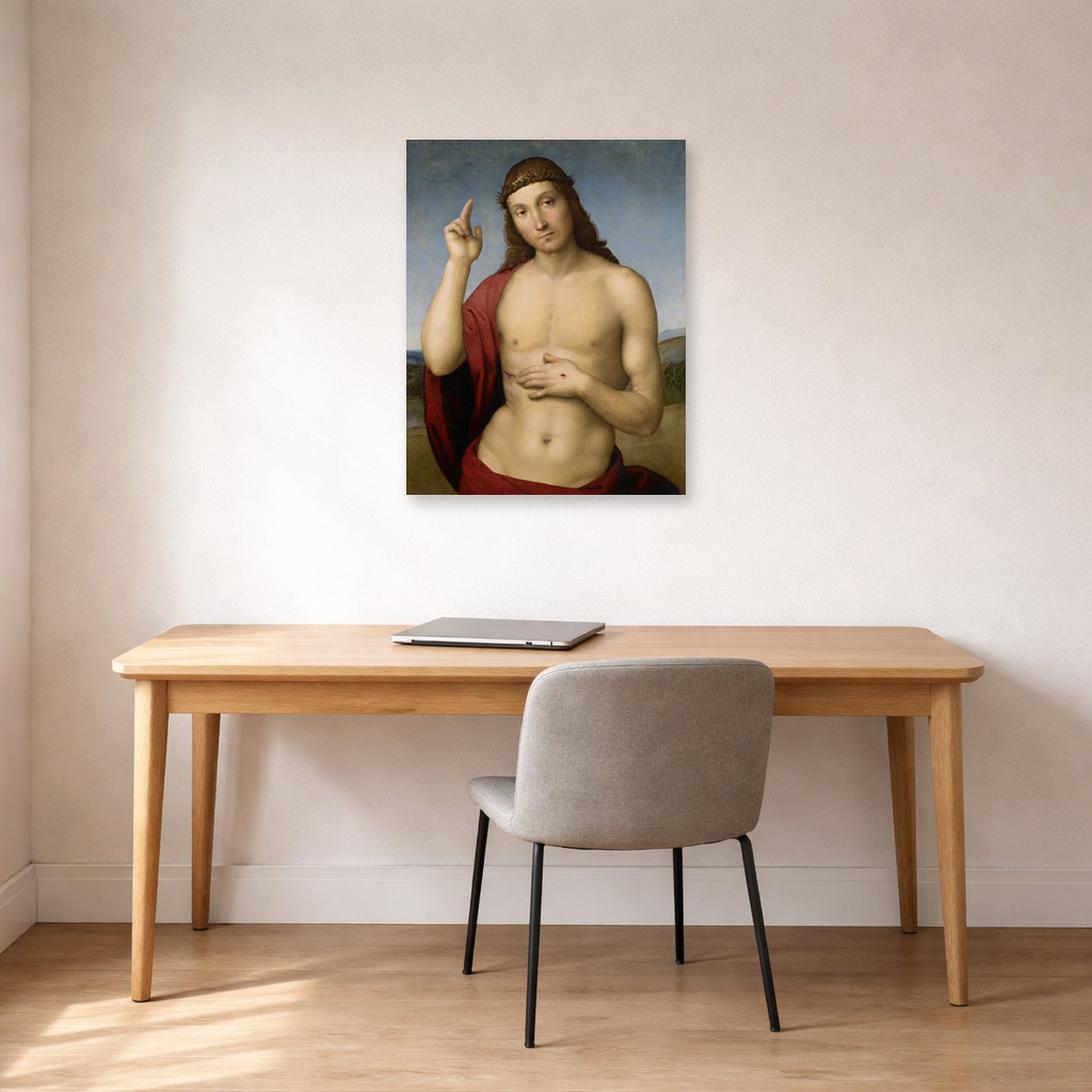 Unframed poster print of Raphael's Christ Blessing displayed on a wall in a office