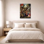 Gallery-wrapped canvas print of Raphael's Christ Falling on The Way to Calvary displayed on a wall in a bedroom