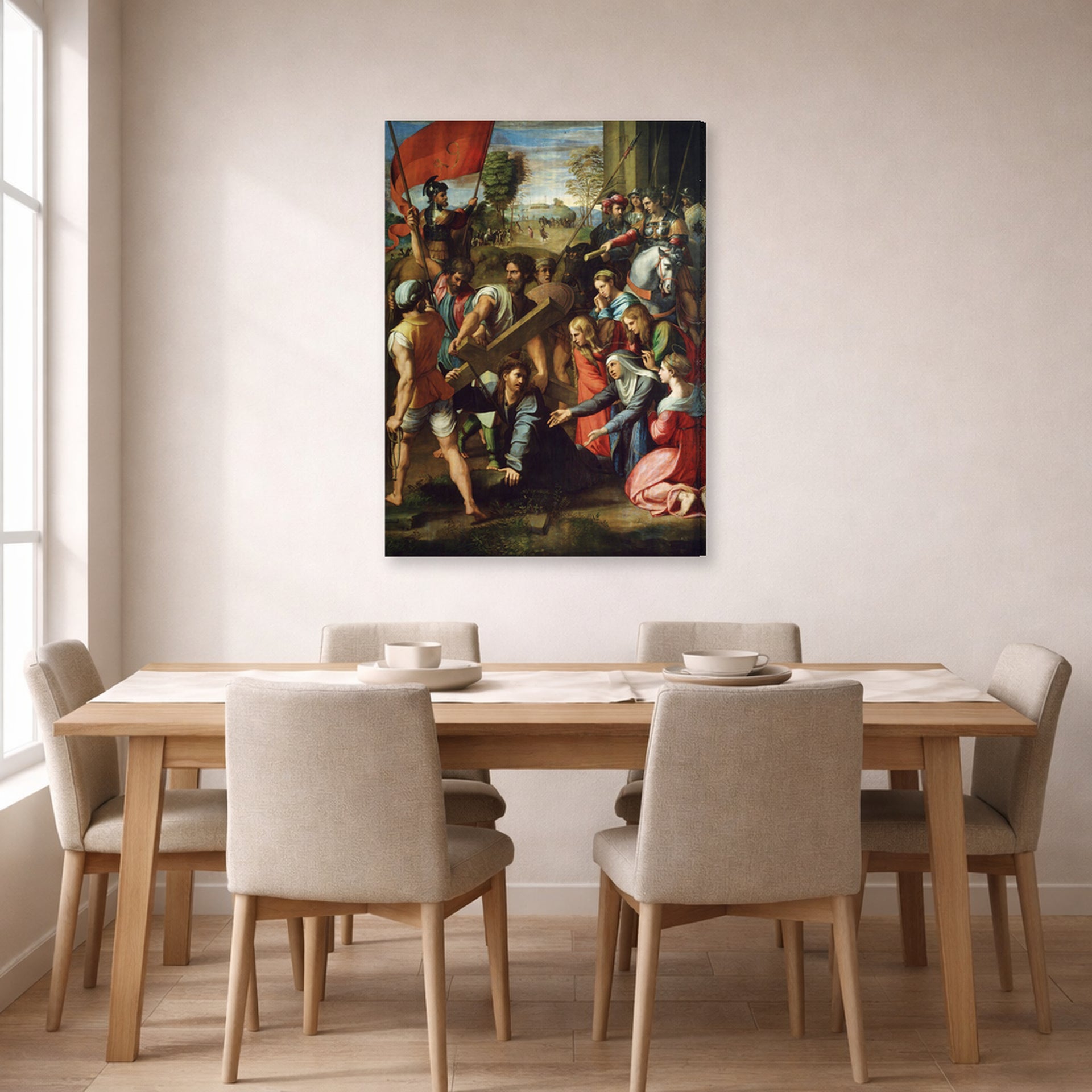 Gallery-wrapped canvas print of Raphael's Christ Falling on The Way to Calvary displayed on a wall in a dining