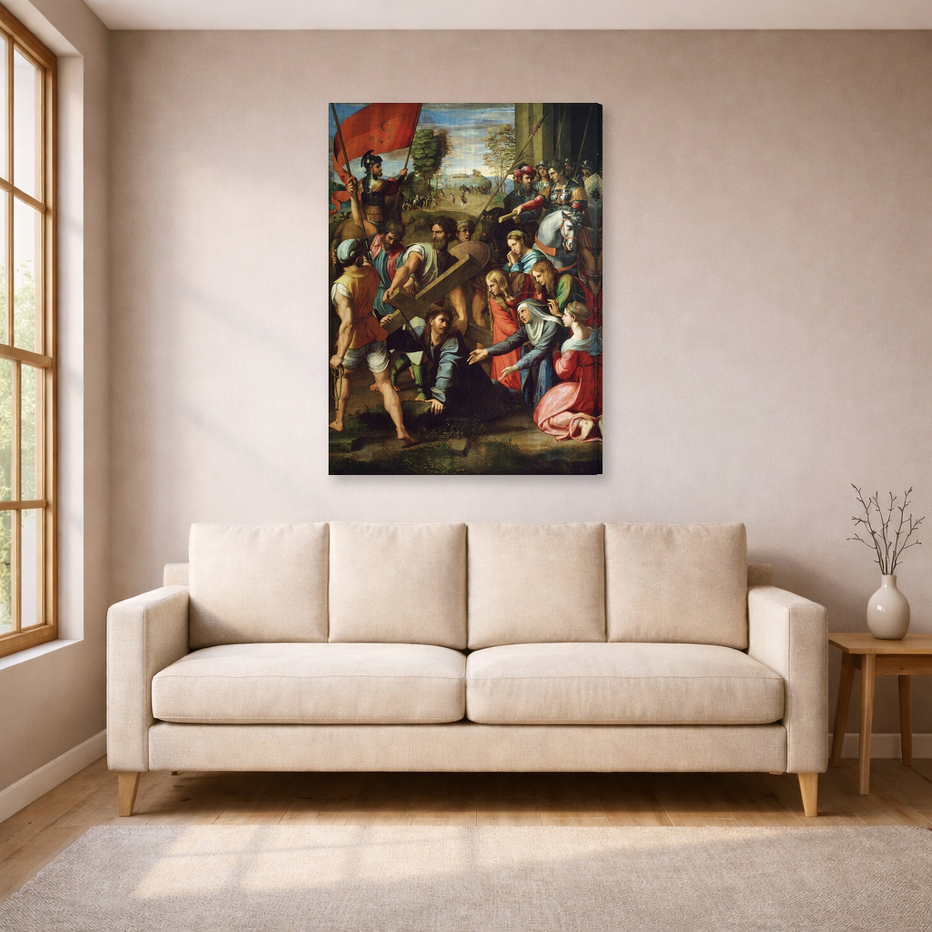 Gallery-wrapped canvas print of Raphael's Christ Falling on The Way to Calvary displayed on a wall in a living room
