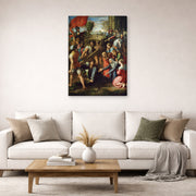 Gallery-wrapped canvas print of Raphael's Christ Falling on The Way to Calvary displayed on a wall in a living room
