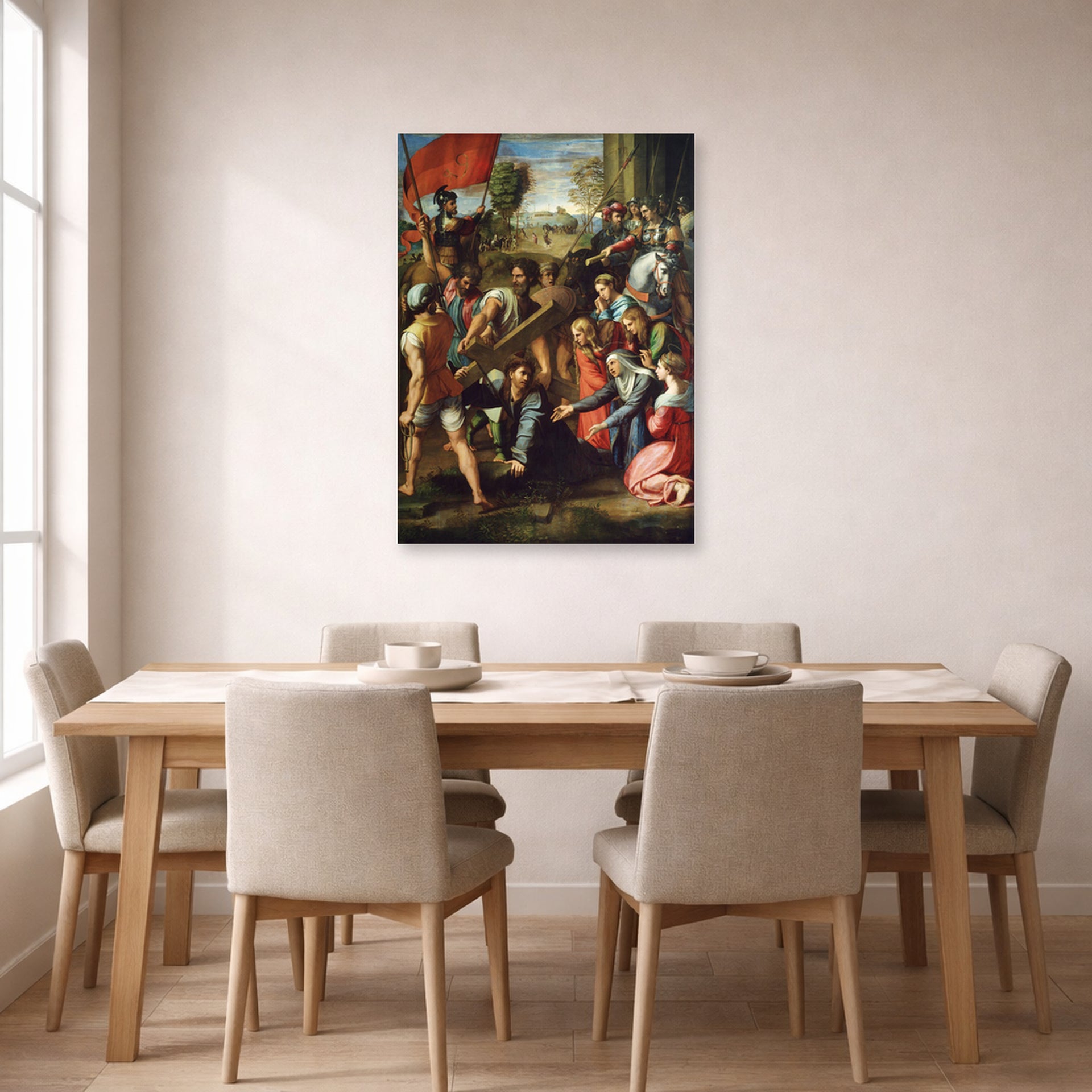 Unframed poster print of Raphael's Christ Falling on The Way to Calvary displayed on a wall in a dining