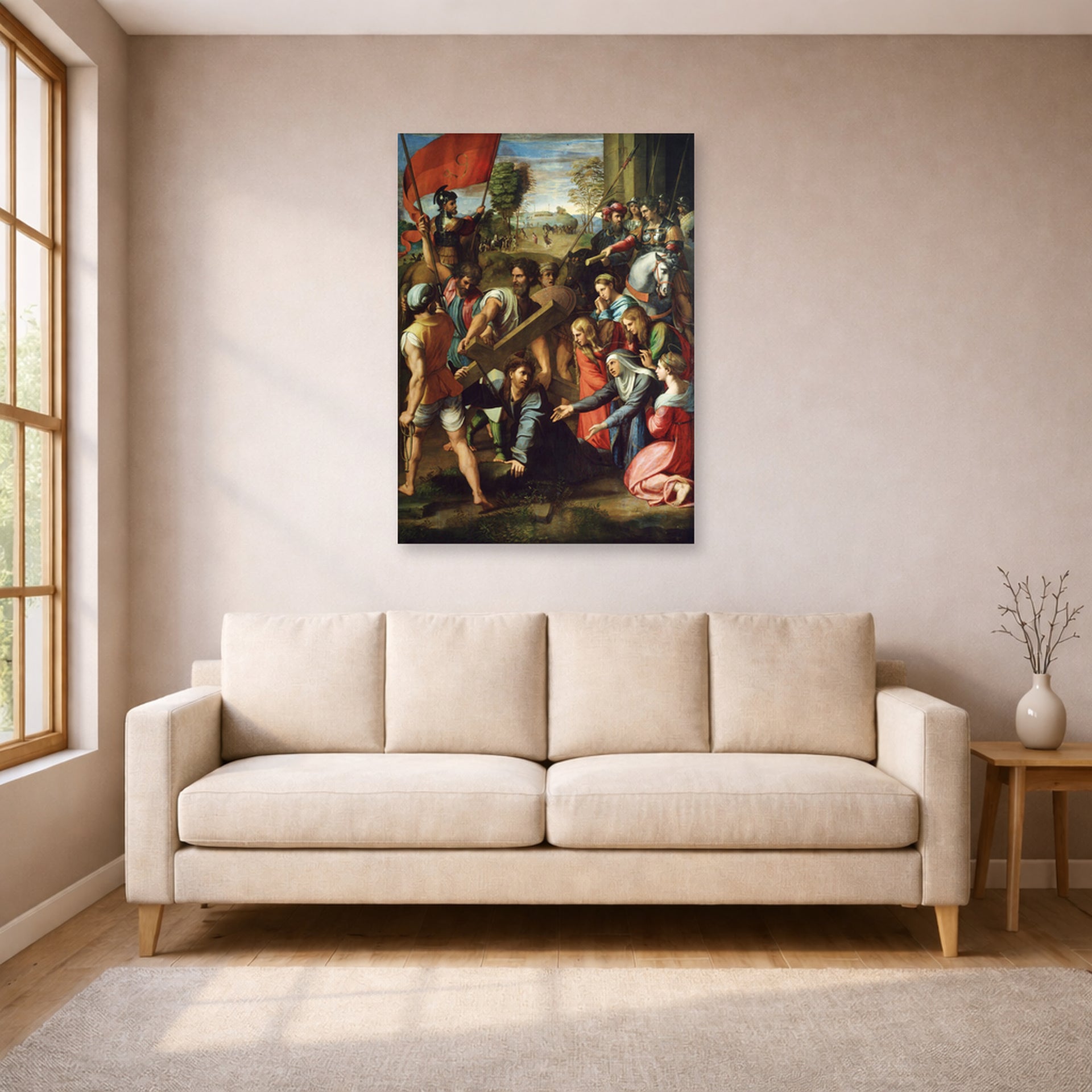 Unframed poster print of Raphael's Christ Falling on The Way to Calvary displayed on a wall in a living room