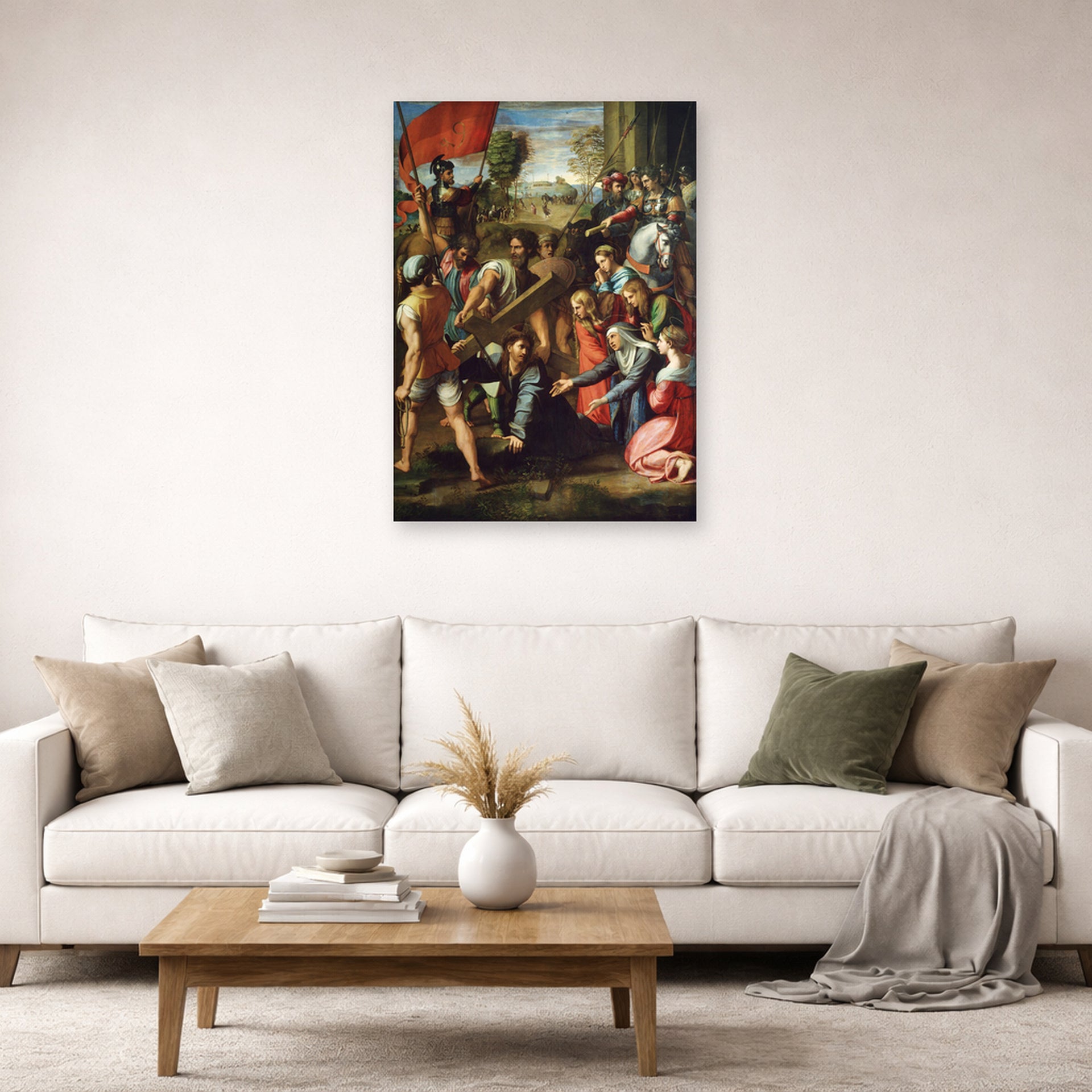 Unframed poster print of Raphael's Christ Falling on The Way to Calvary displayed on a wall in a living room