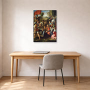 Unframed poster print of Raphael's Christ Falling on The Way to Calvary displayed on a wall in a office