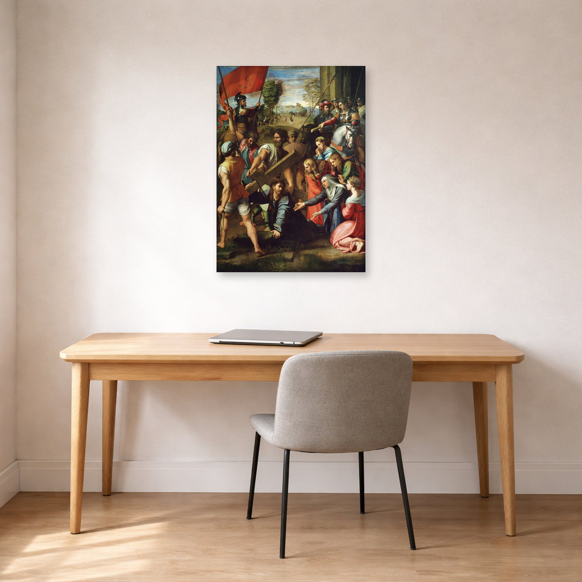 Unframed poster print of Raphael's Christ Falling on The Way to Calvary displayed on a wall in a office
