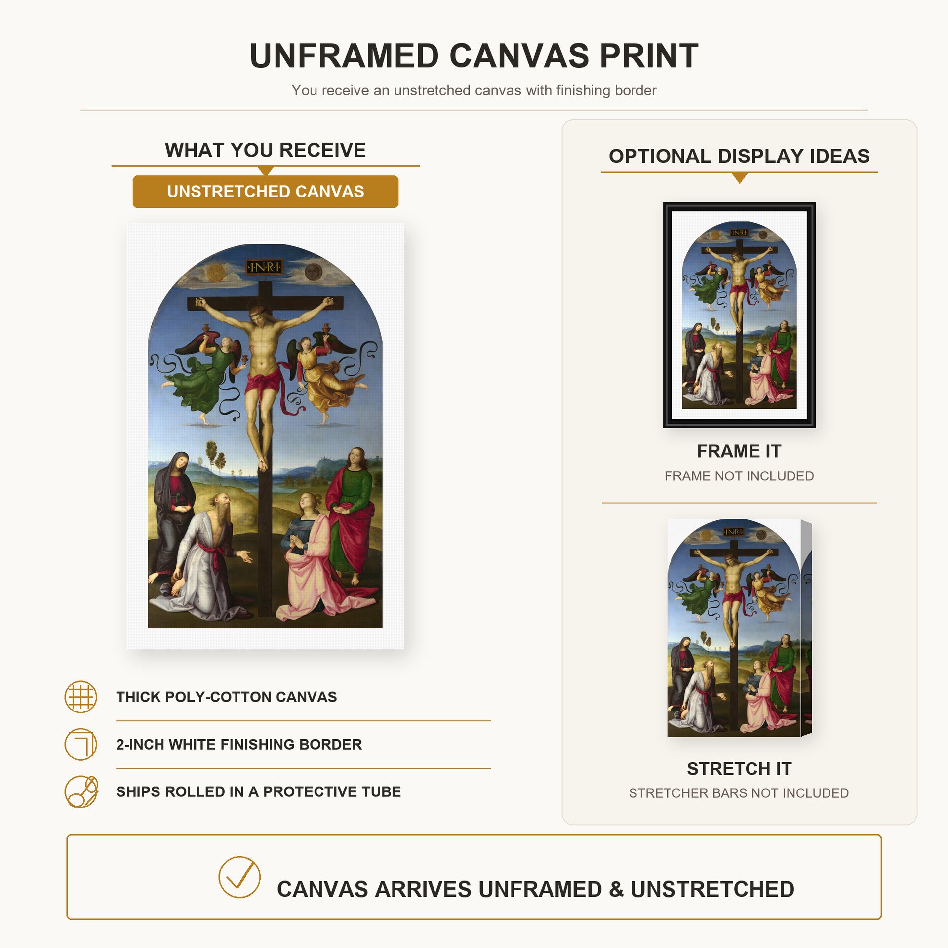 Raphael - Crucifixion with the Virgin, Saints and Angels canvas print size comparison and framing display infographic