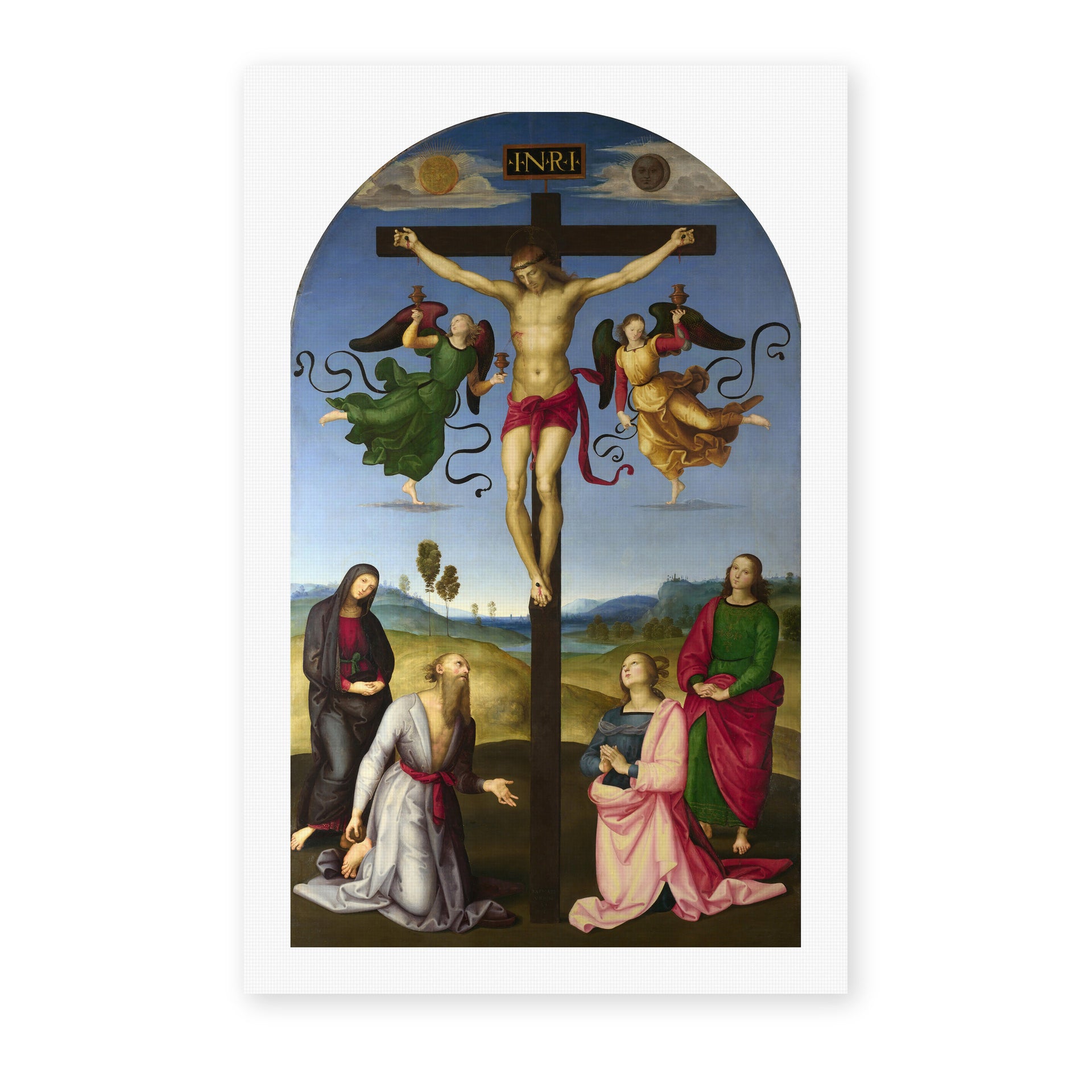 Raphael's 'Crucifixion with the Virgin, Saints and Angels' painting reproduced as a rolled canvas print