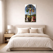 Gallery-wrapped canvas print of Raphael's Crucifixion with the Virgin, Saints and Angels displayed on a wall in a bedroom