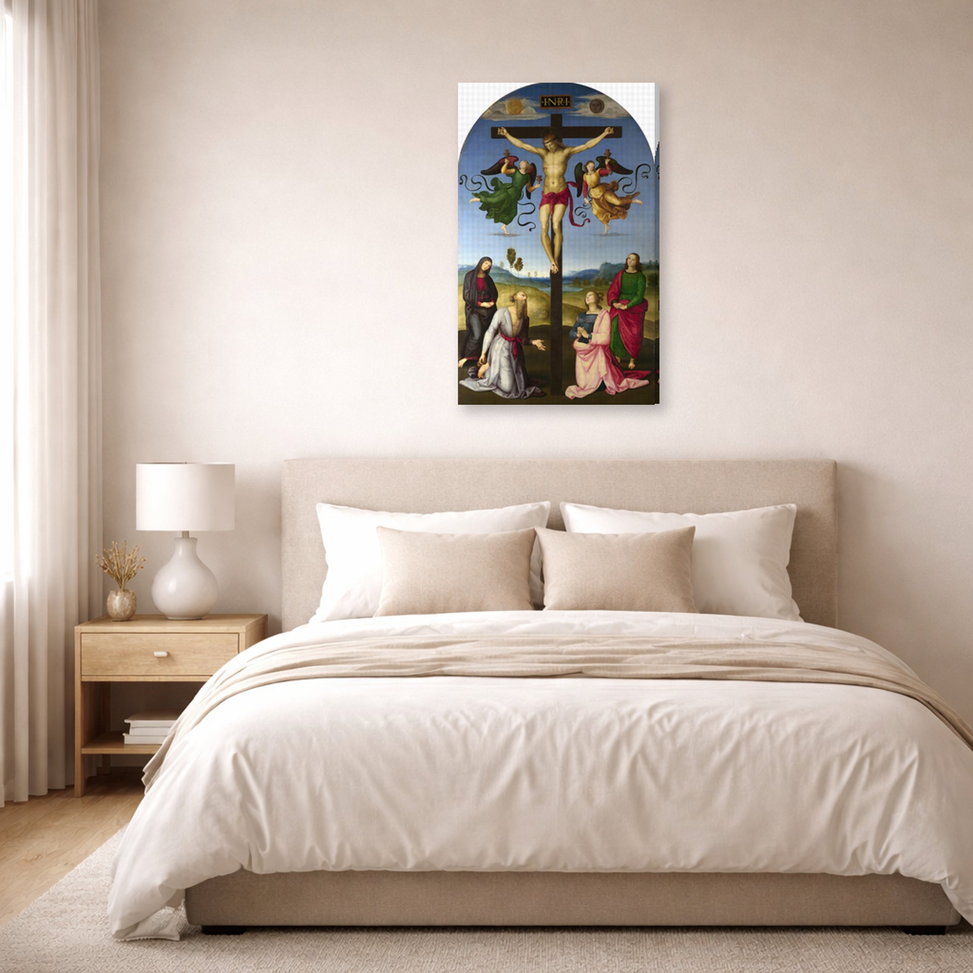 Gallery-wrapped canvas print of Raphael's Crucifixion with the Virgin, Saints and Angels displayed on a wall in a bedroom