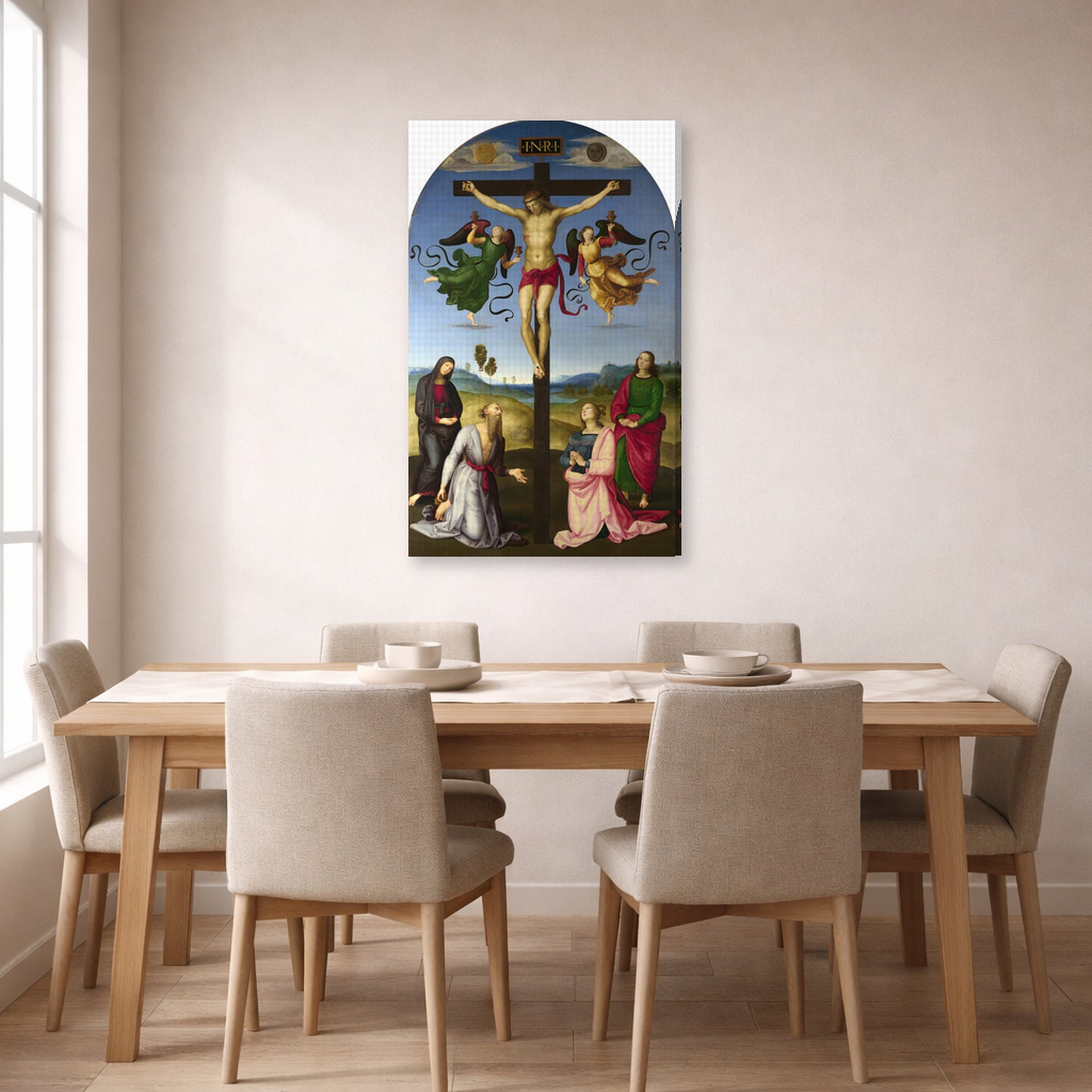 Gallery-wrapped canvas print of Raphael's Crucifixion with the Virgin, Saints and Angels displayed on a wall in a dining