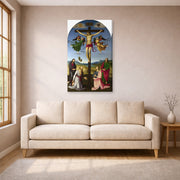 Gallery-wrapped canvas print of Raphael's Crucifixion with the Virgin, Saints and Angels displayed on a wall in a living room