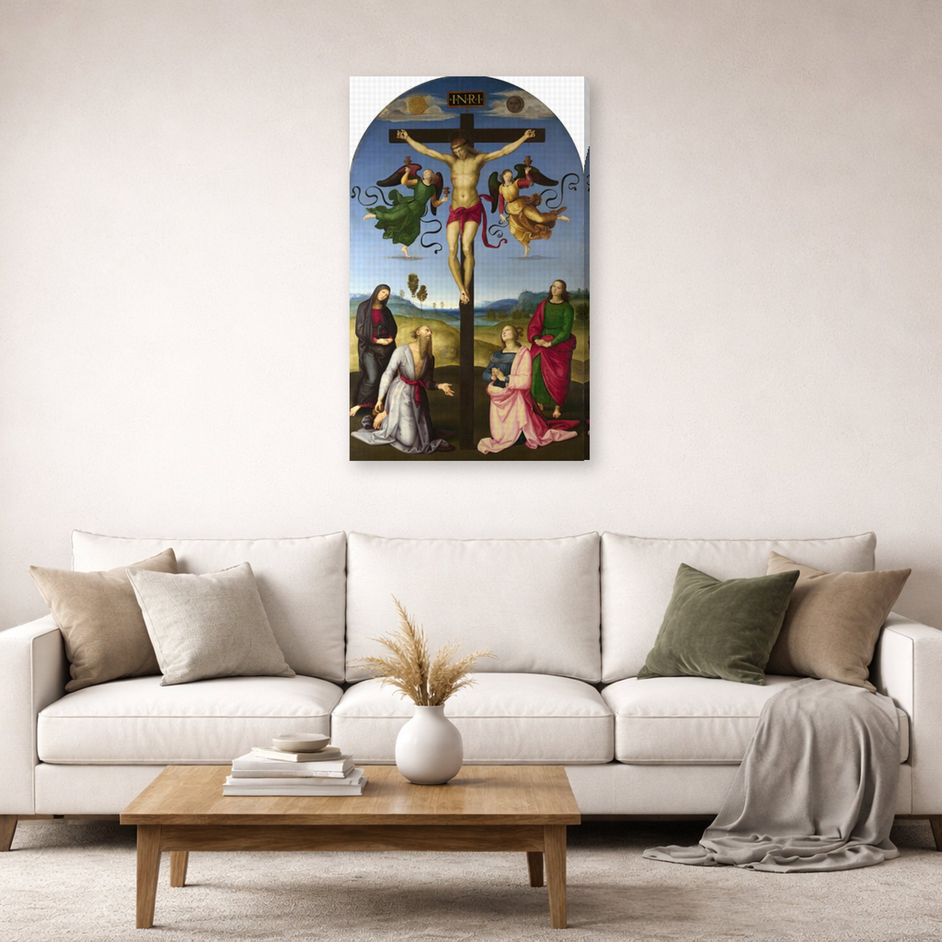 Gallery-wrapped canvas print of Raphael's Crucifixion with the Virgin, Saints and Angels displayed on a wall in a living room