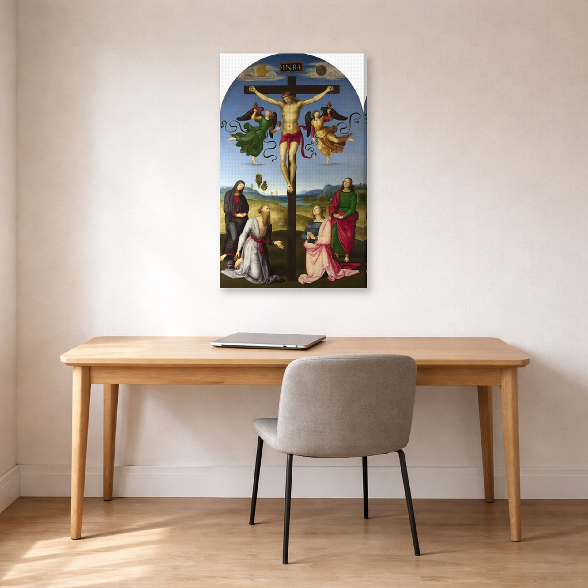 Gallery-wrapped canvas print of Raphael's Crucifixion with the Virgin, Saints and Angels displayed on a wall in a office